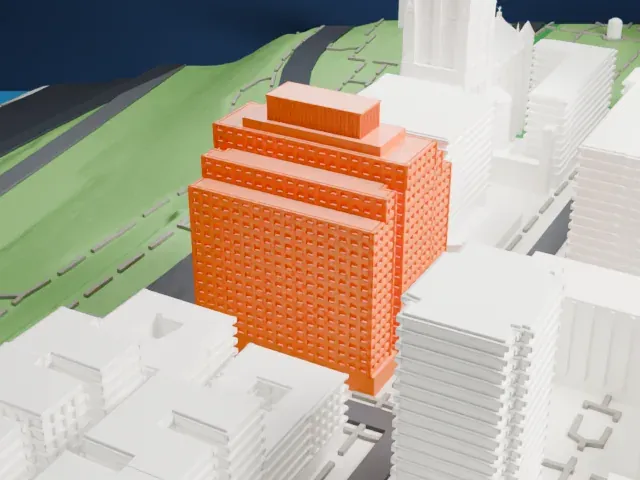 Interchurch Center model, South view