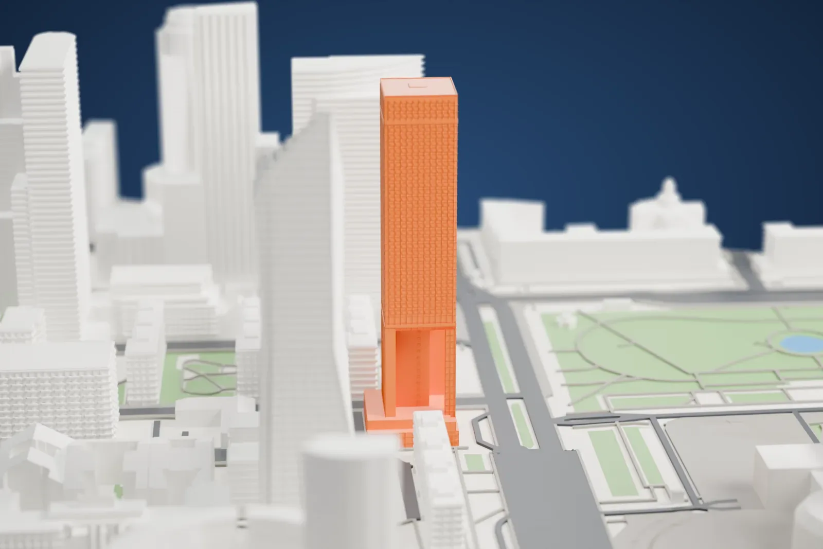 A white 3D print of InterContinental Warsaw, a tall hotel tower, among the surrounding streets and buildings.