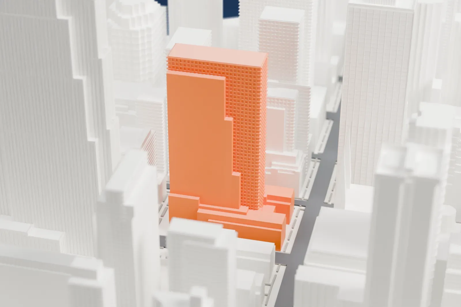 A white 3D print of the International Building, a tall rectangular tower with a stepped base, standing among many other tall buildings.