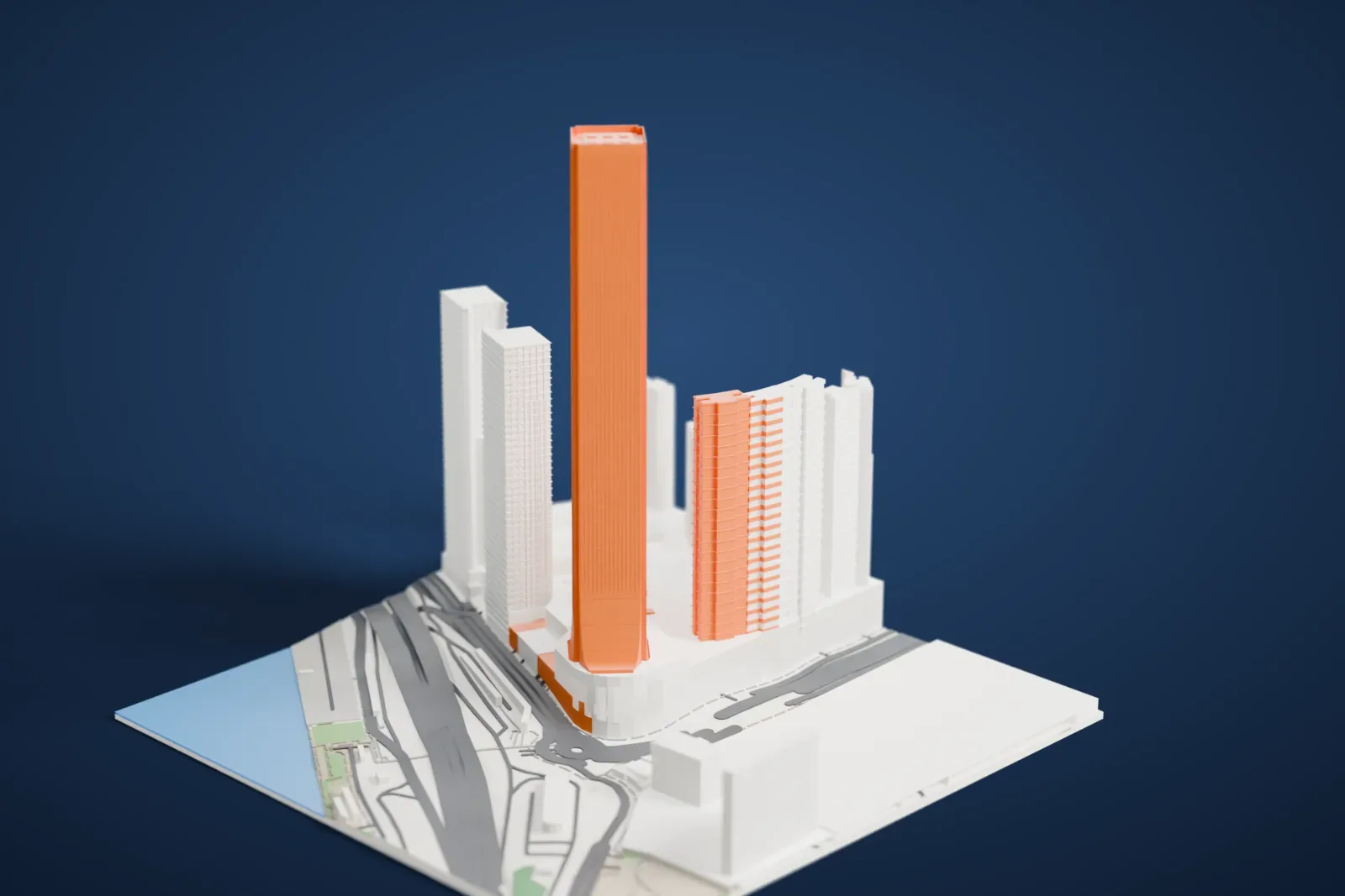 A white 3D print of the International Commerce Centre, a very tall slim tower with a flared base, rising far above neighboring towers near the waterfront.