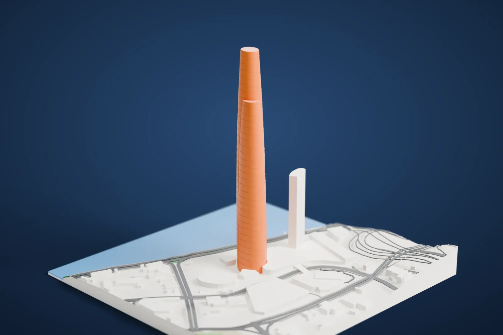 A white 3D print of the International Land-Sea Center rising above the surrounding streets and buildings of downtown Chongqing.