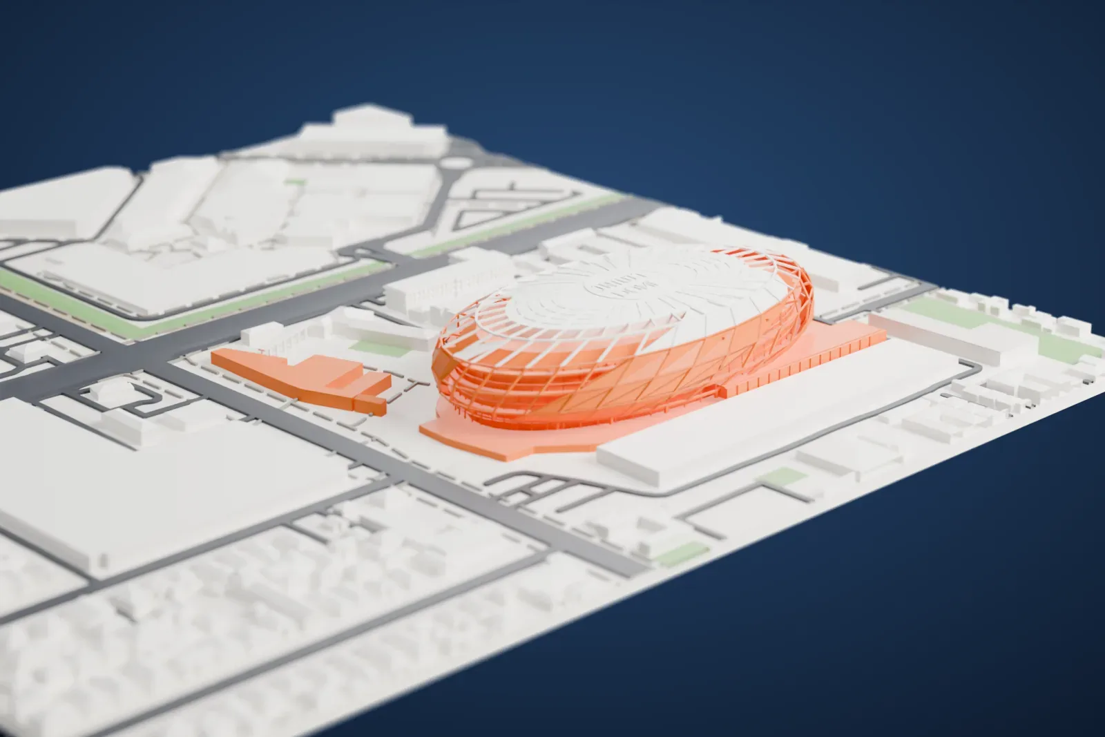 A white 3D print of Intuit Dome, a rounded arena wrapped in a ribbed shell with radiating roof ribs and lettering, standing among wide streets and low buildings.
