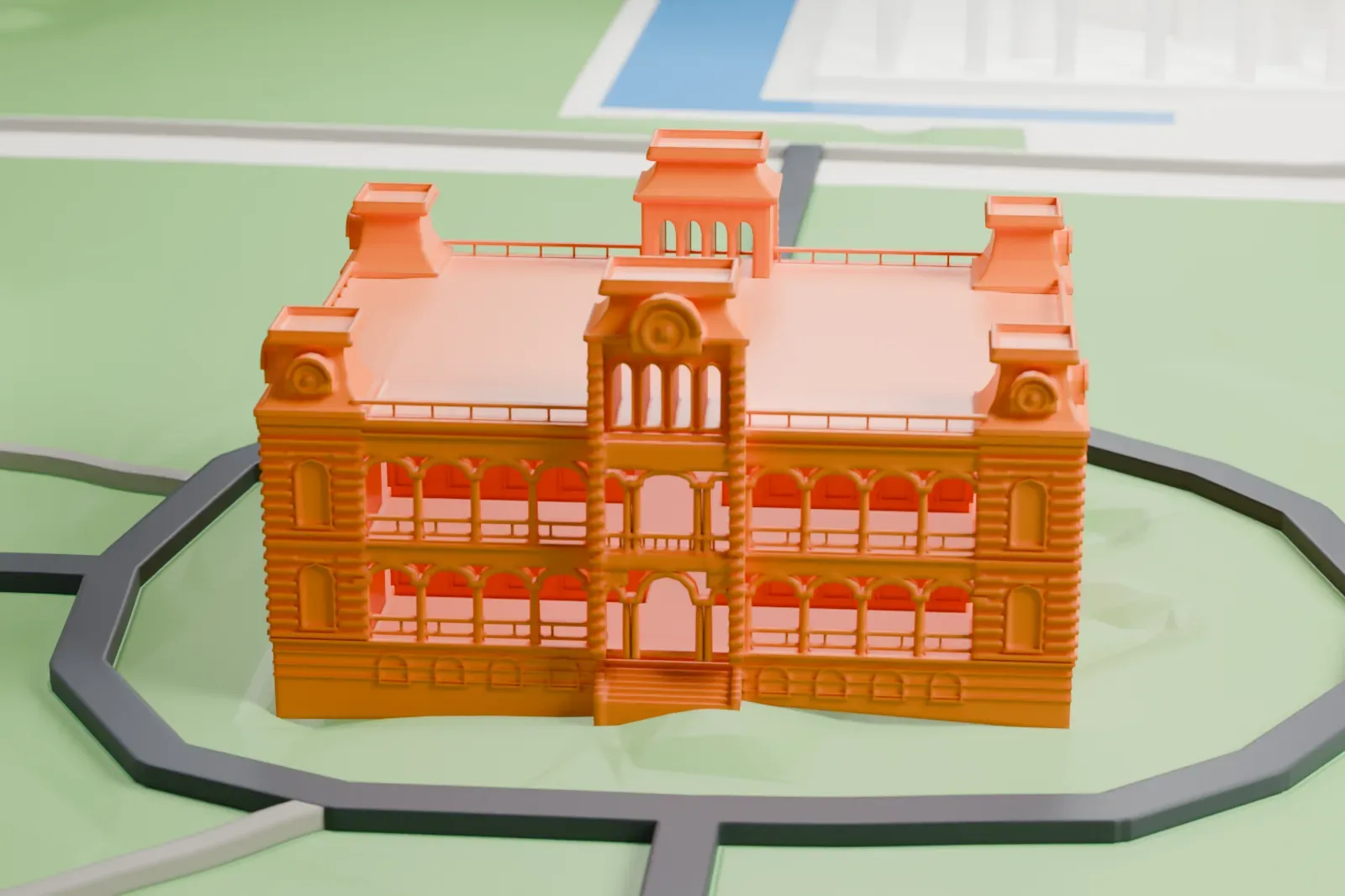 A white 3D print of ʻIolani Palace in Honolulu, with the surrounding streets and buildings.