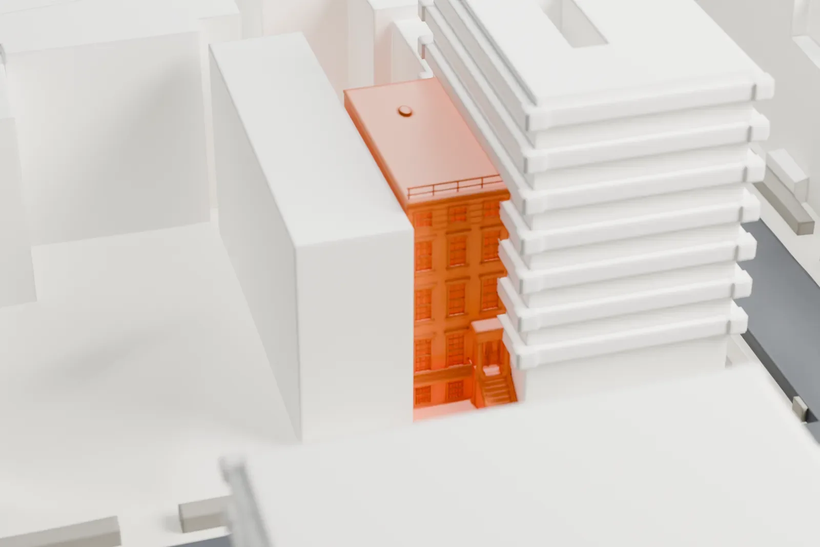 A white 3D print of the Isaac T. Hopper House, a narrow townhouse set among dense blocks of mid-rise buildings and streets.