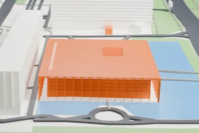 A white 3D print of the Itamaraty Palace, a low square building ringed by slender columns, set among pools of water, lawns and long gray buildings.