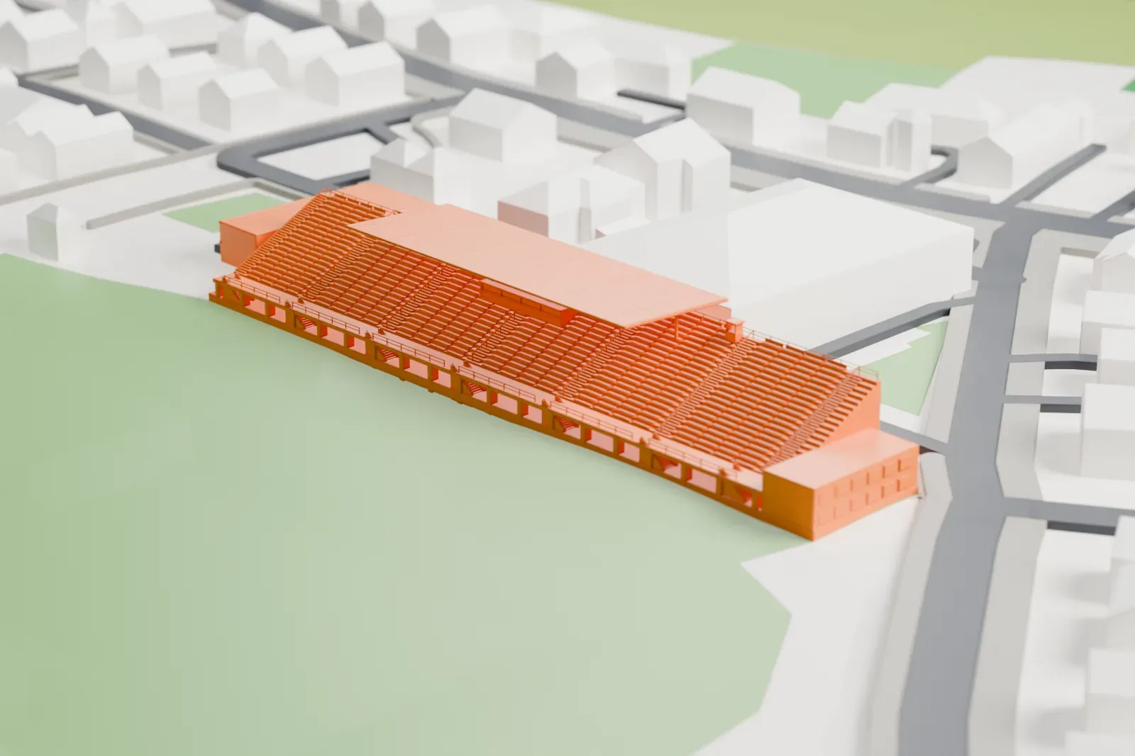 A white 3D print of Ivan Laljak-Ivić Stadium, a long grandstand with a roof over its center, standing beside the football pitches with small buildings around it.