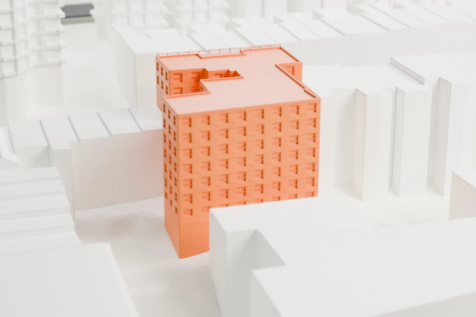A white 3D print of Ivey Delph Apartments, an apartment building with a stepped outline and a column of projecting balconies, among neighboring buildings.