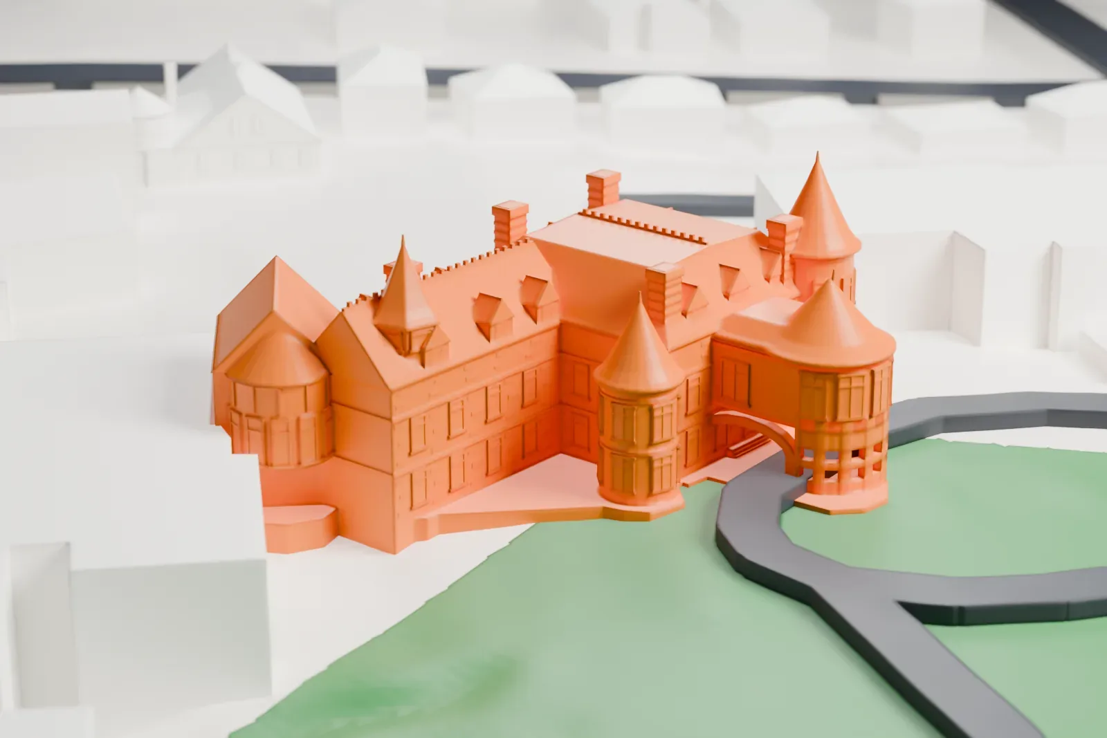 A white 3D print of Iviswold, a turreted mansion with cone-roofed towers, set on lawns with a curved drive and low buildings nearby.