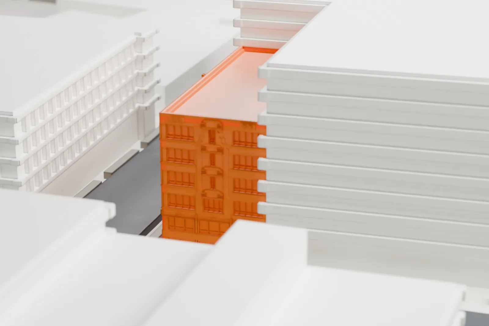 A white 3D print of the J. Kurtz and Sons Store Building, a narrow flat-roofed block with detailed window bays, wedged between much taller buildings on a city block.