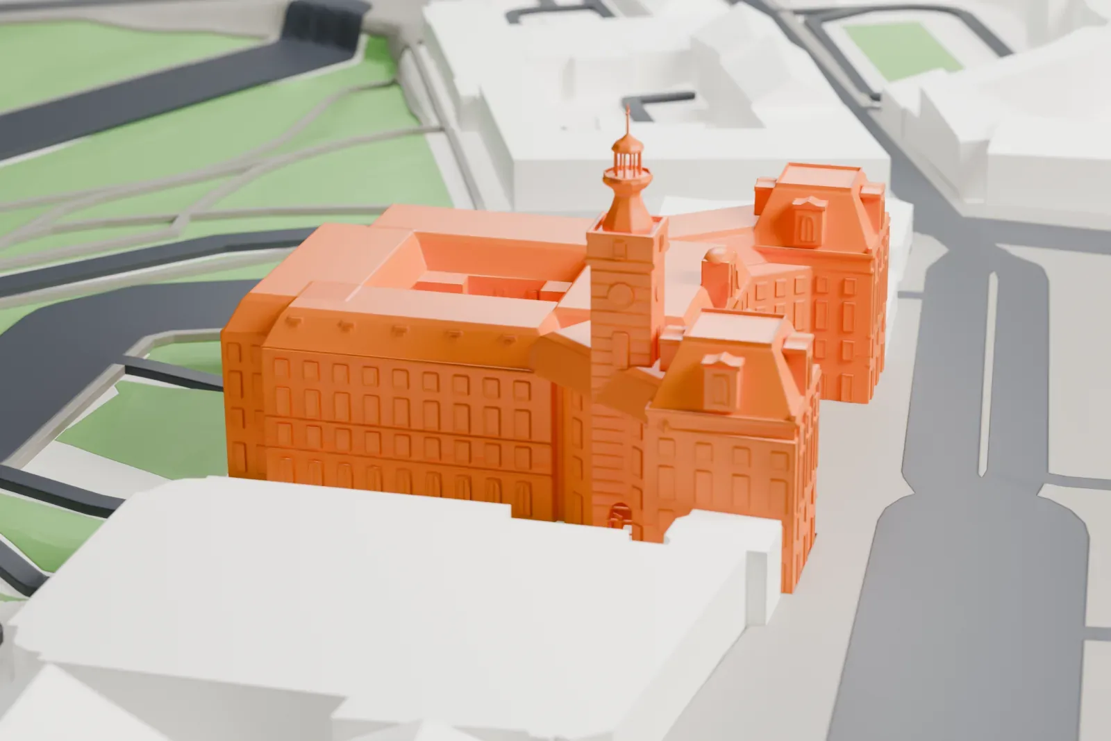 A white 3D print of the Jabłonowski Palace on Theatre Square, with surrounding buildings.