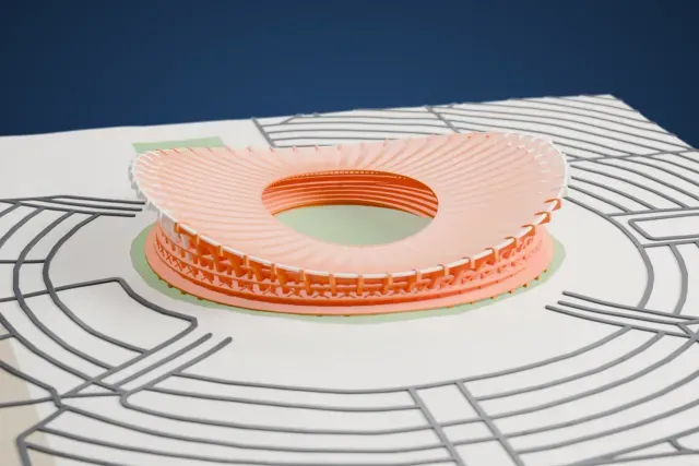 A white 3D print of Jaber Al-Ahmad International Stadium, an oval stadium with a sweeping ribbed roof above a ring of slender columns, ringed by looping roads.