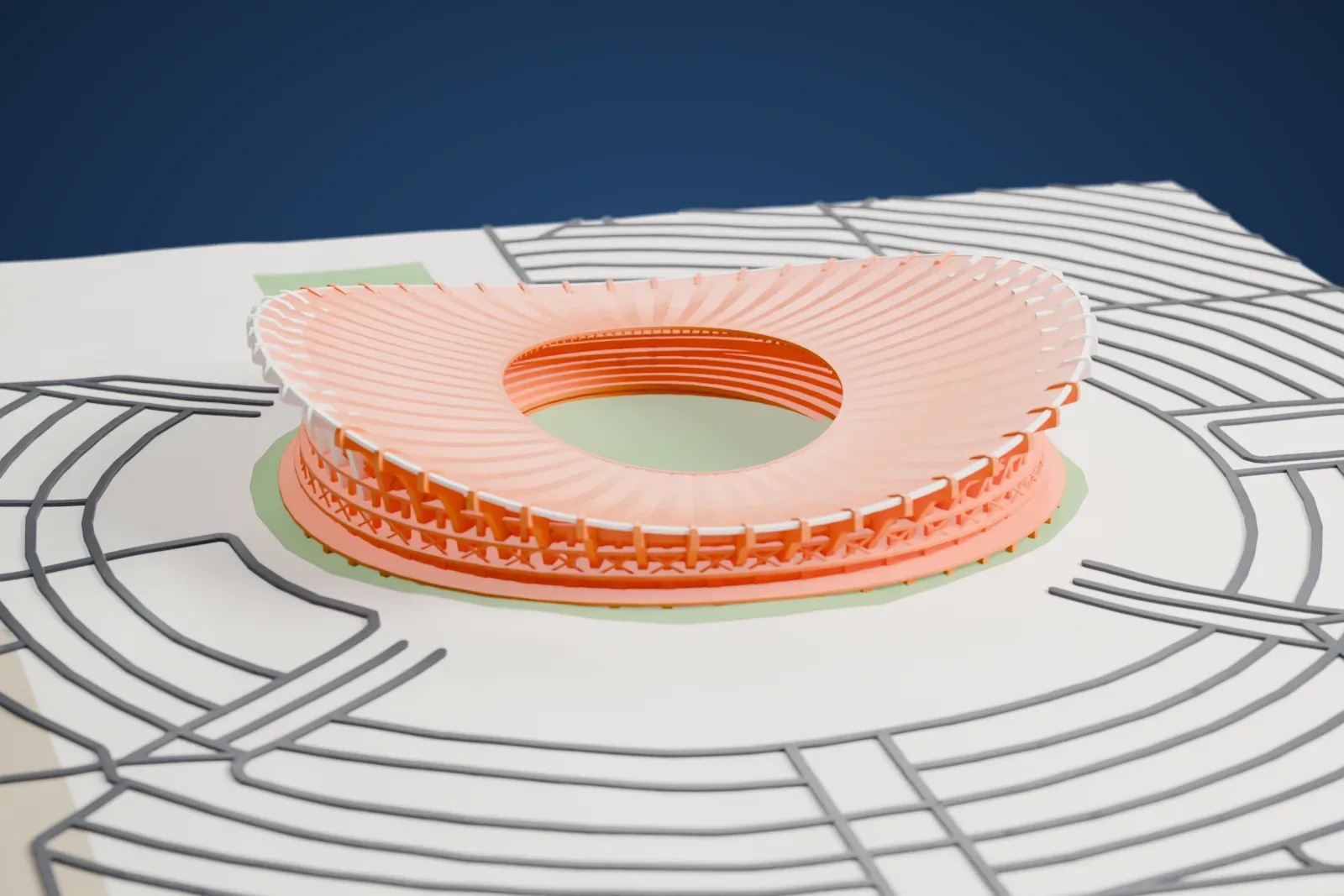A white 3D print of Jaber Al-Ahmad International Stadium, an oval stadium with a sweeping ribbed roof above a ring of slender columns, ringed by looping roads.