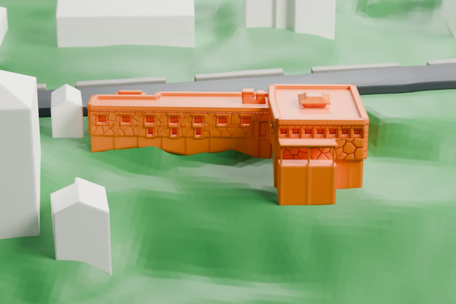 A white 3D print of the Jacques Marchais Museum of Tibetan Art, a long, flat-roofed stone-walled building with a small pavilion roof, on a hillside beside a road with houses nearby.