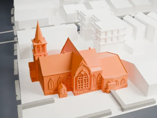Jamaica First German Presbyterian Church model, East view