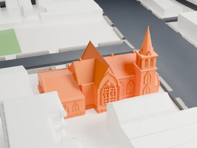 Jamaica First German Presbyterian Church model, West view