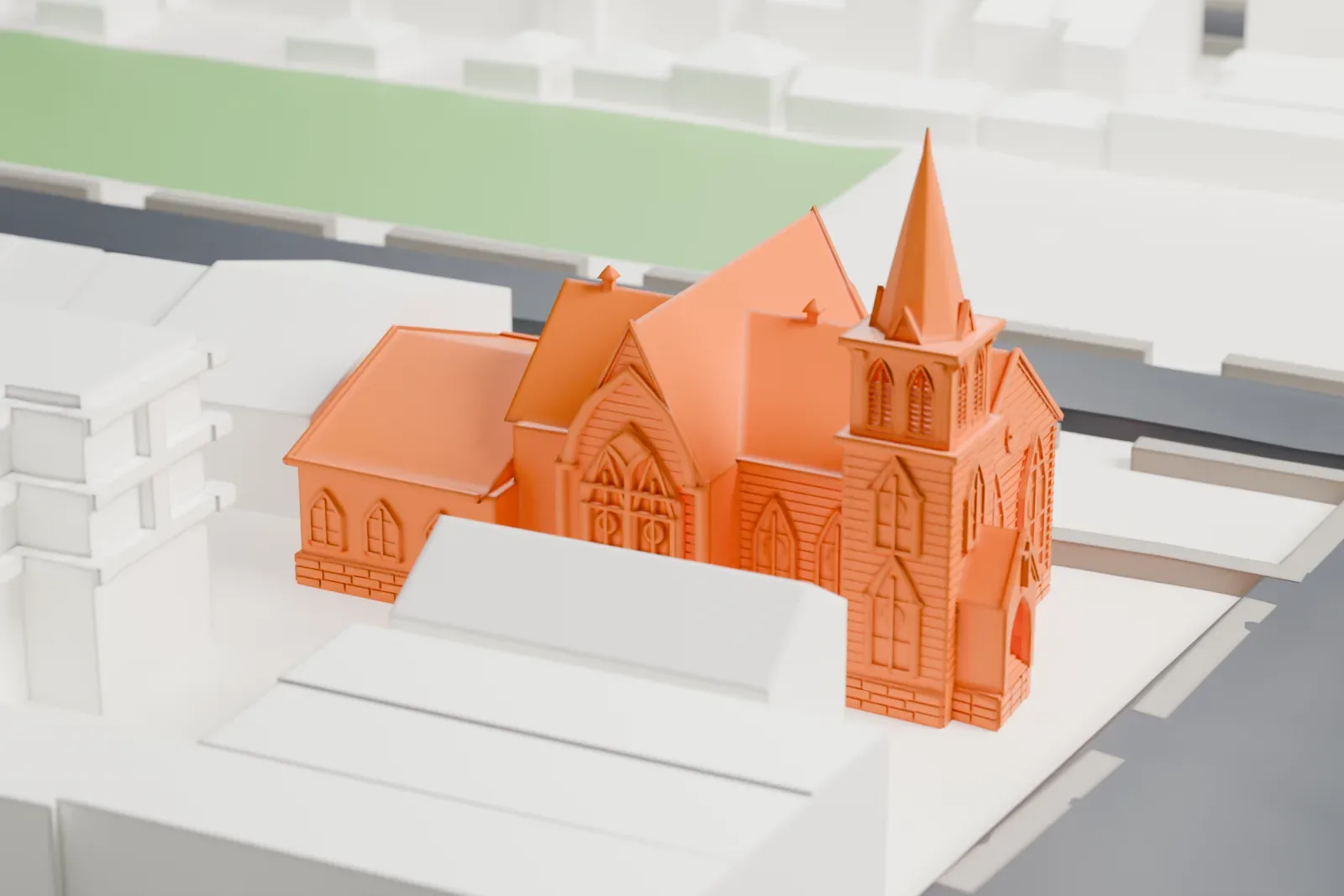 A white 3D print of Jamaica First German Presbyterian Church, a steep-roofed church with a spired bell tower, standing among streets and other buildings.