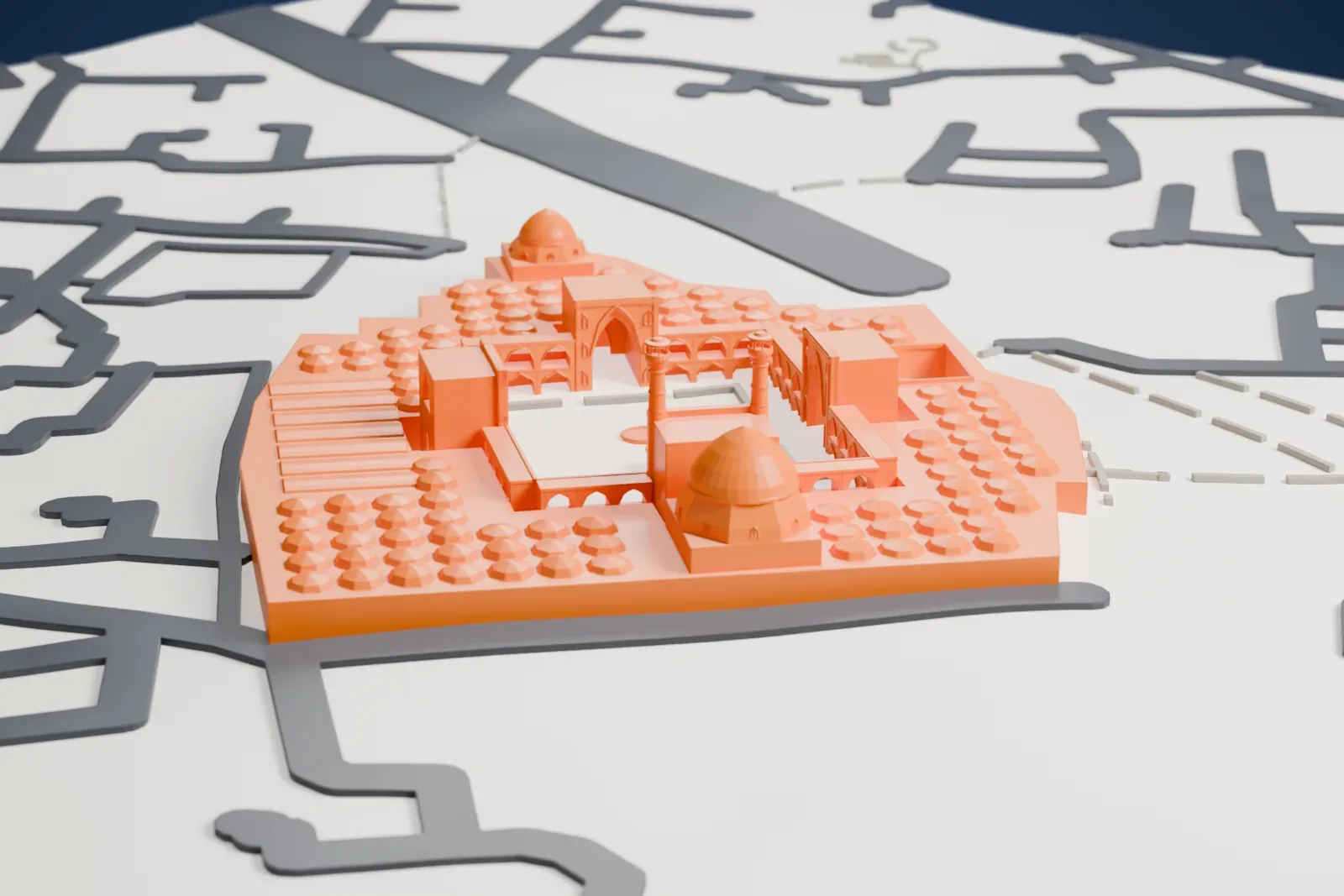 A white 3D print of the Jameh Mosque of Isfahan, a courtyard mosque with arched halls, large domes and rows of small domes, on open ground crossed by streets.