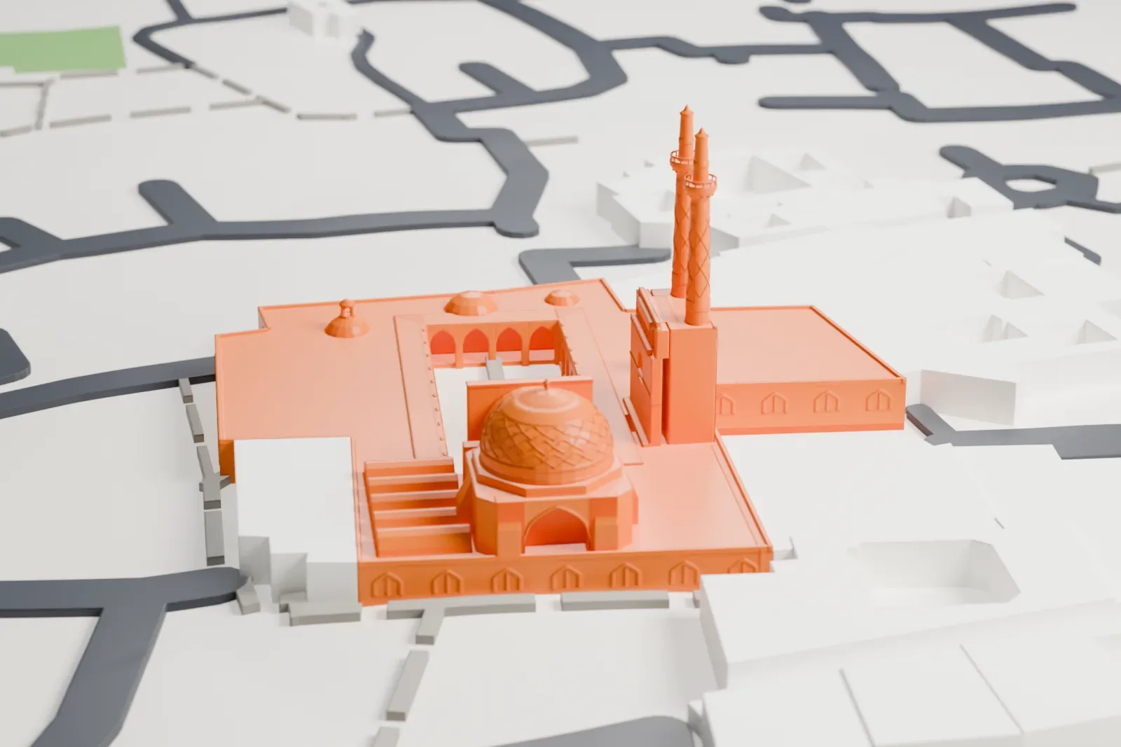 A white 3D print of the Jameh Mosque of Yazd, a courtyard mosque with two tall slender minarets, a patterned dome and a large entrance portal, among low buildings and narrow streets.
