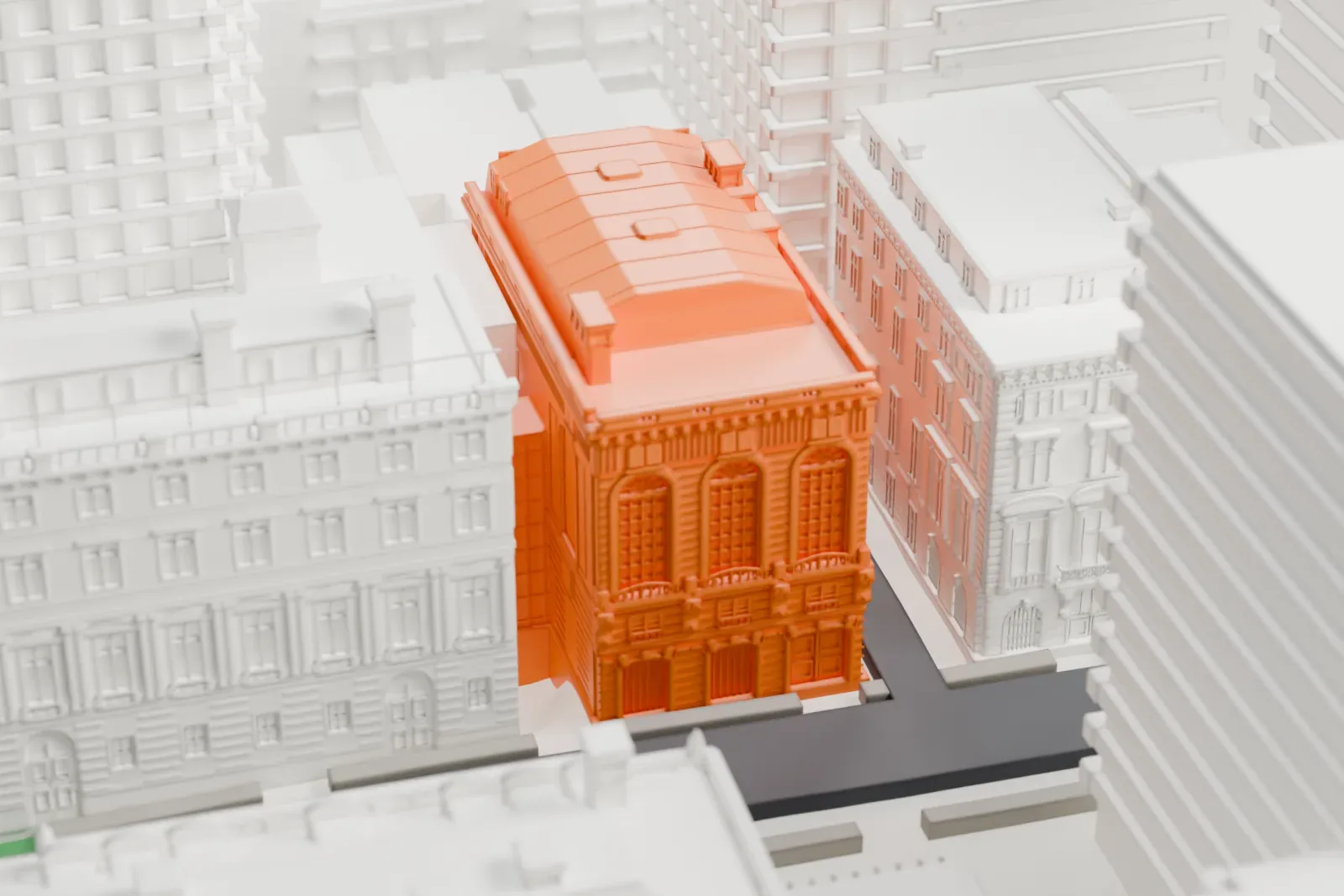 A white 3D print of the James A. Burden House, a detailed mansion set among ornate neighboring buildings and taller blocks.