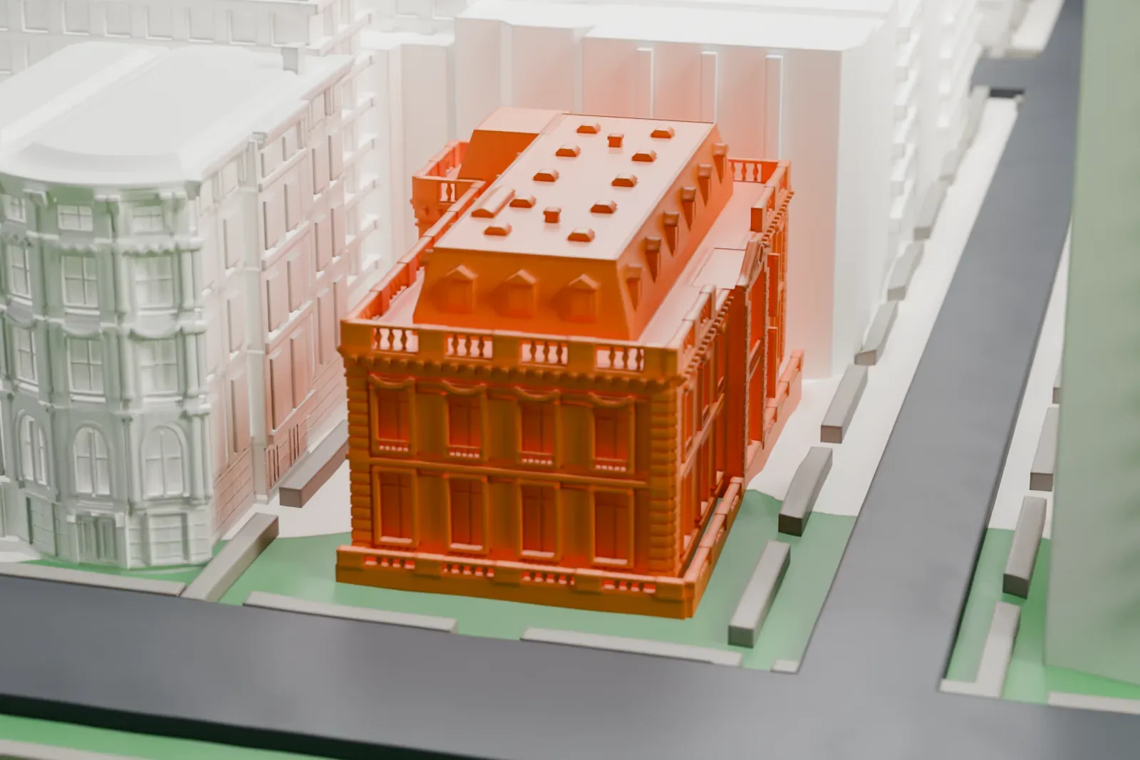 A white 3D print of the James B. Duke House, a low mansion beside a green park with taller buildings and streets around it.