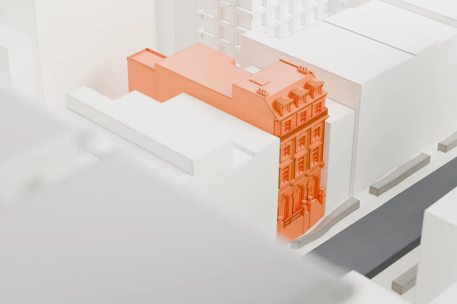 A white 3D print of the James F. D. Lanier Residence among the surrounding buildings.