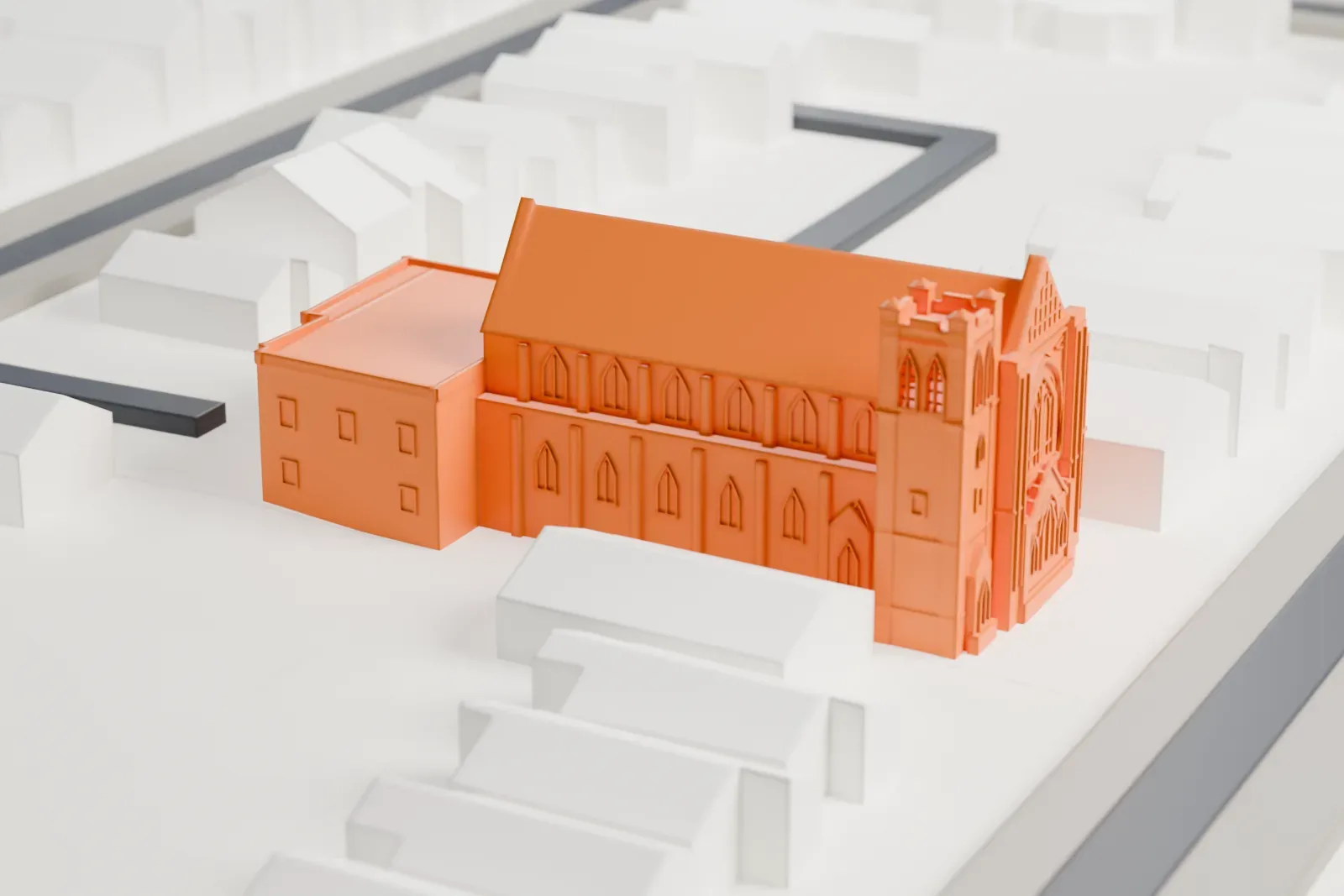 A white 3D print of the Jami Mosque among the surrounding streets and buildings.
