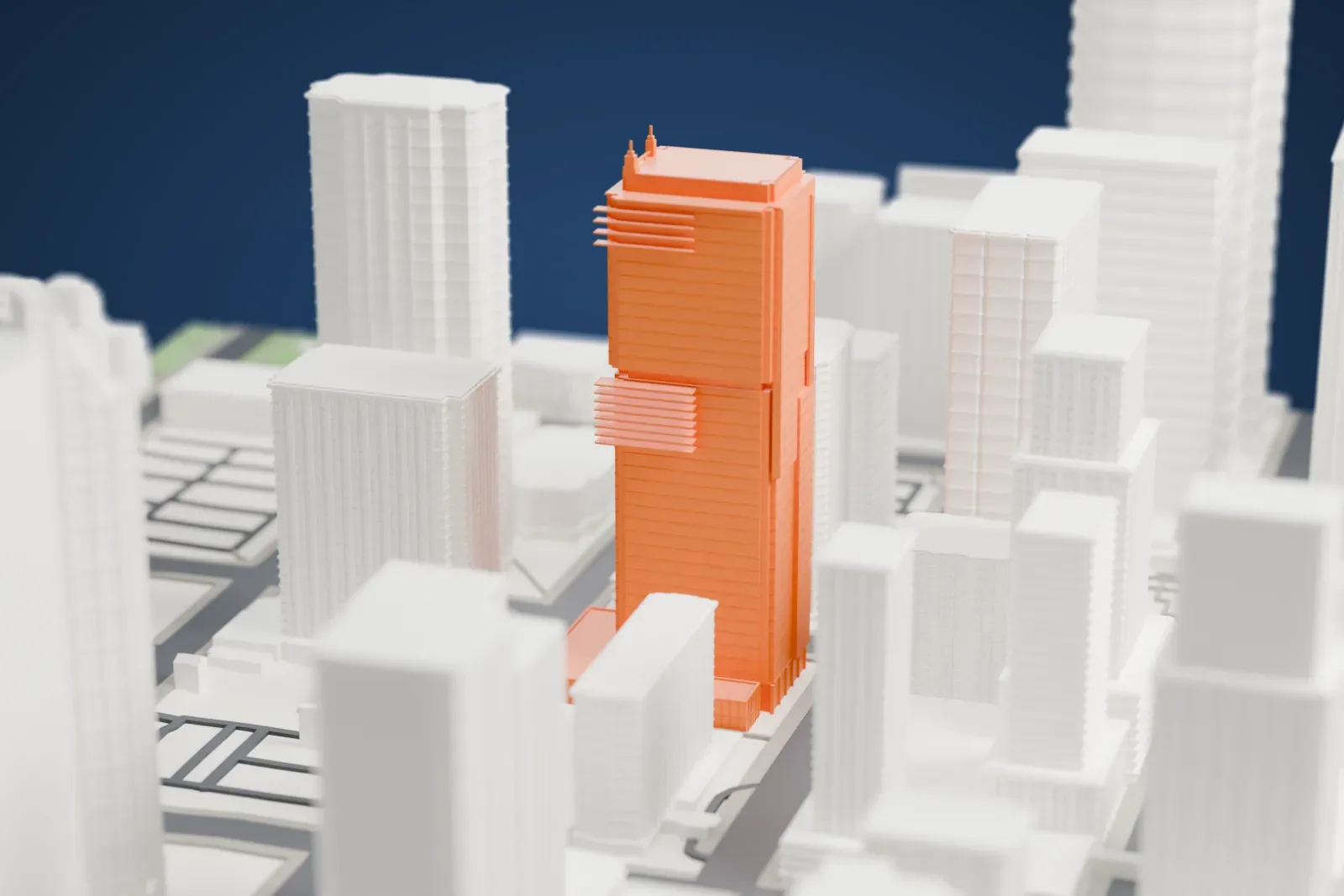 A white 3D print of Jamieson Place, a tall office tower, among the surrounding streets and buildings of downtown Calgary.