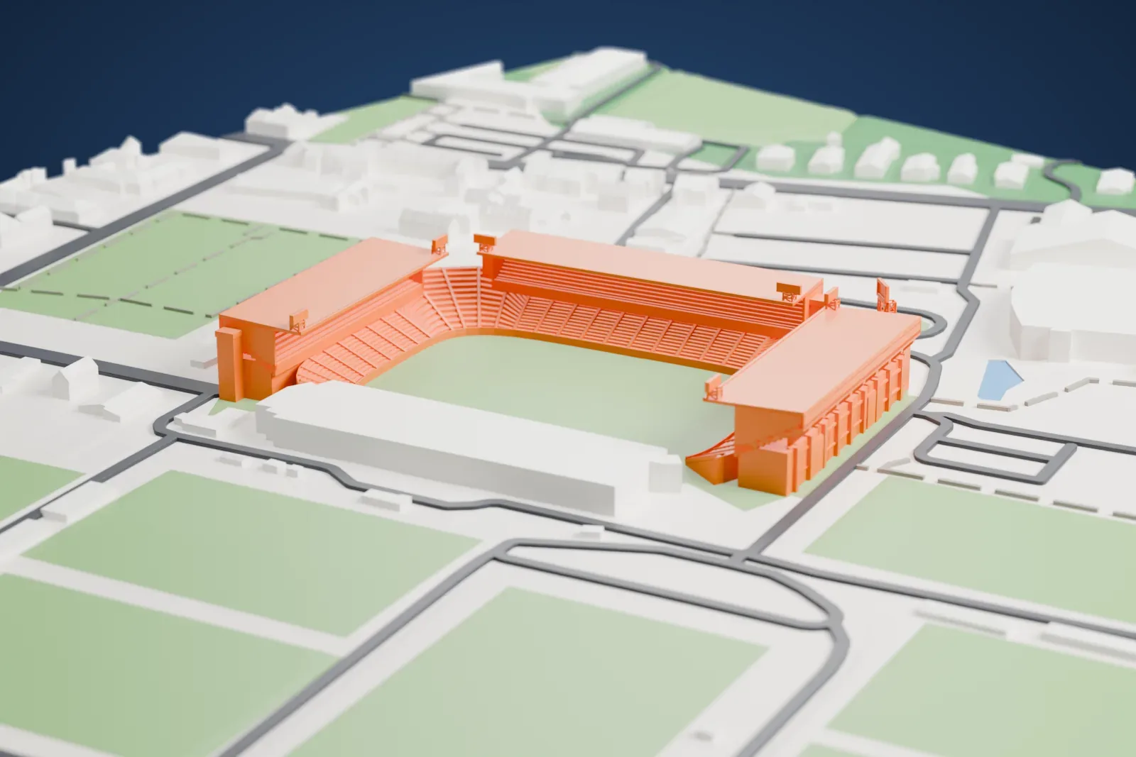 A white 3D print of Jan Breydel Stadium, three two-tier stands each under its own flat roof with lattice light frames at the front corners, the gaps between the stands open above the lower bowl, among the surrounding streets and buildings.