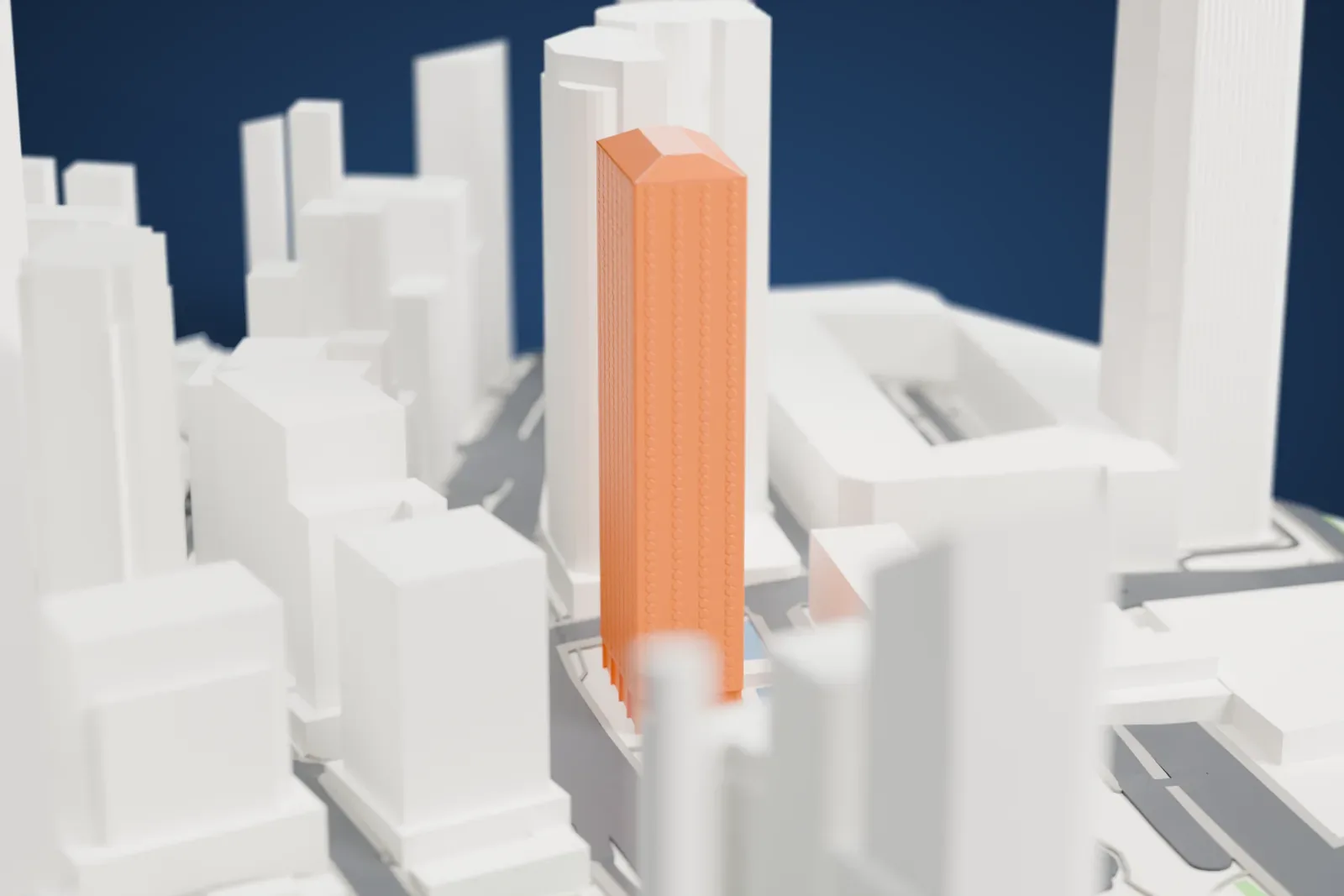 A white 3D print of Jardine House rising above the surrounding streets and buildings of Central, Hong Kong.