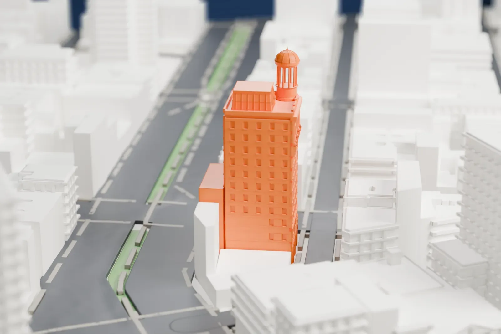 A white 3D print of the Jarmulowsky Bank Building, a tall, narrow building with an open domed cupola on one corner, rising above lower buildings and wide streets.