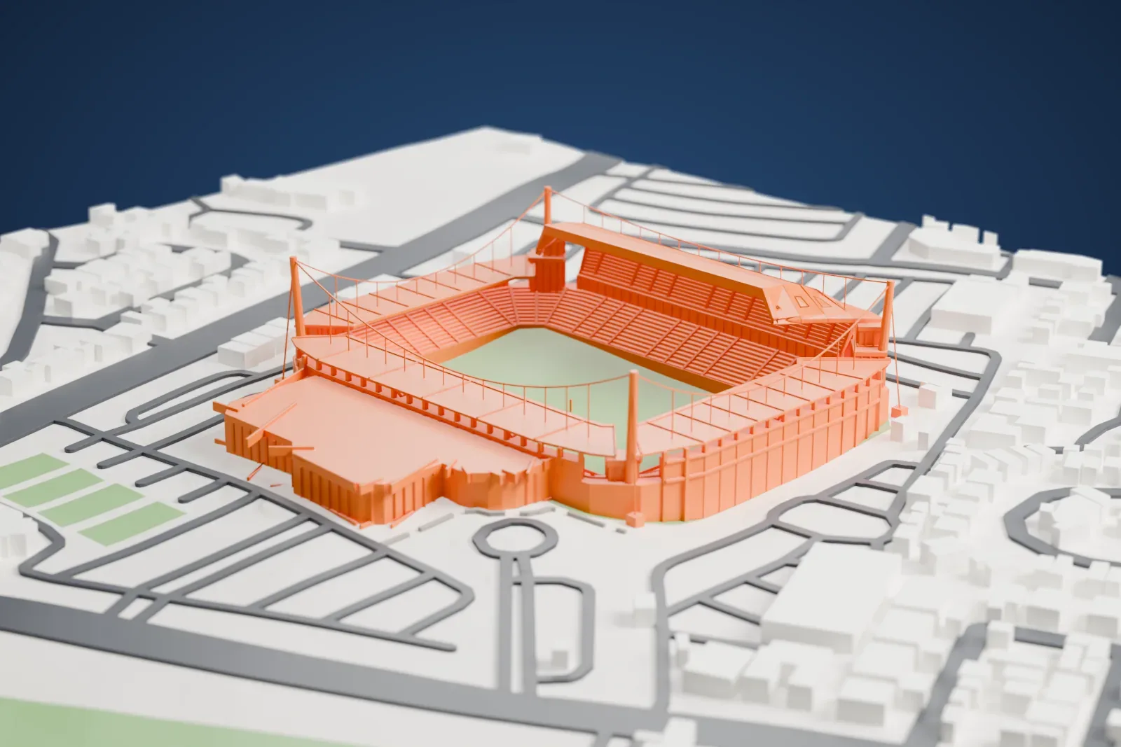 A white 3D print of Jassim bin Hamad Stadium, a roofed bowl with chamfered corners, four corner pylons joined by sagging cables and a raised vault over the main stand, among the surrounding streets and buildings.
