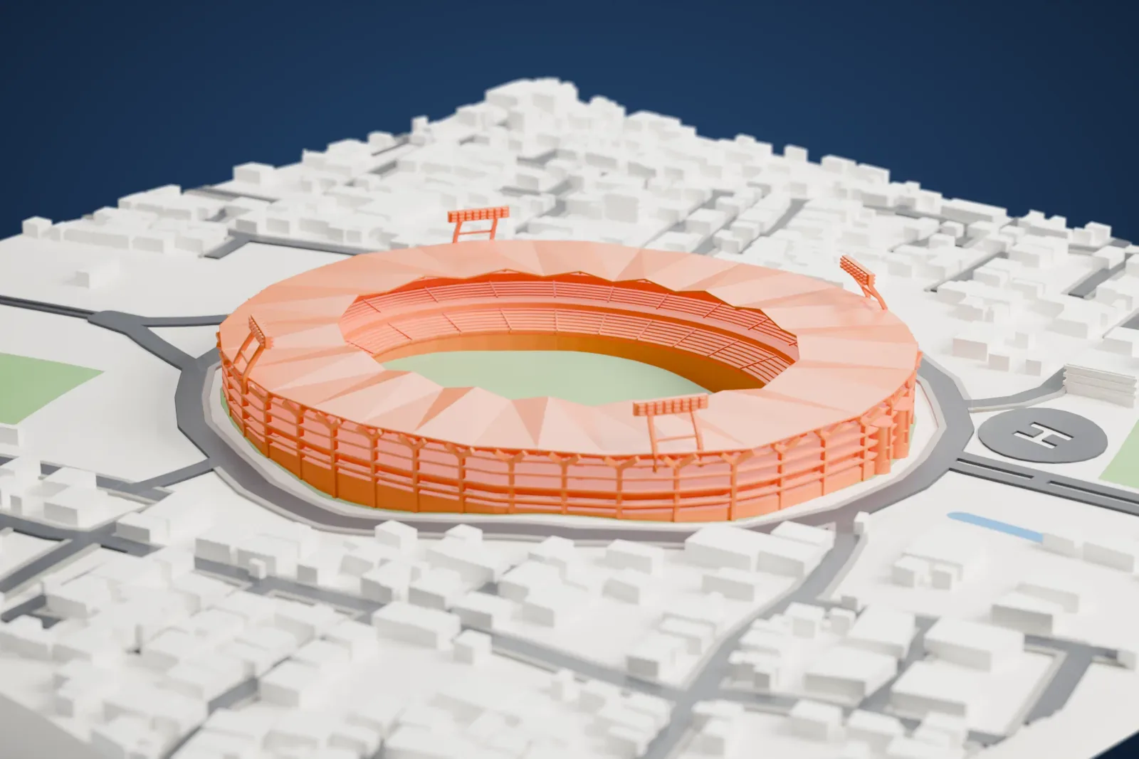 A white 3D print of the Jawaharlal Nehru Stadium, a bowl with a folded roof and four tall floodlight pylons, among surrounding streets and buildings.