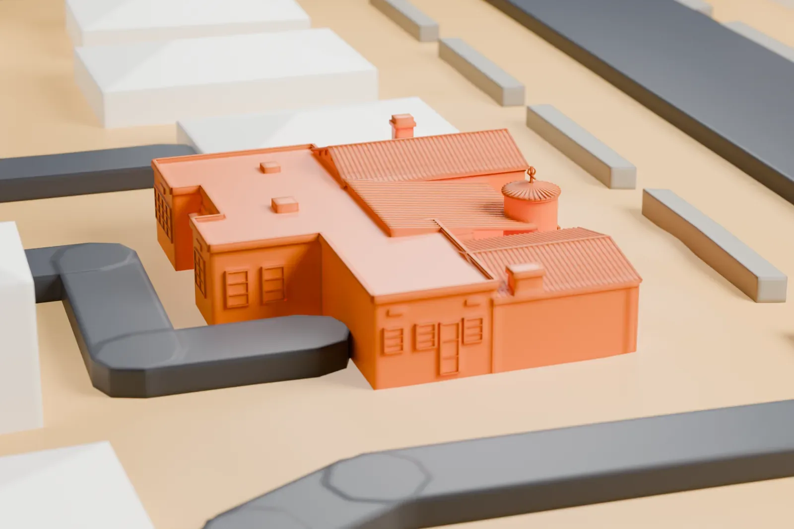 A white 3D print of the Jay Dayton Smith House, with textured pitched roofs, a flat roof section, and a small round turret among neighboring buildings and streets.