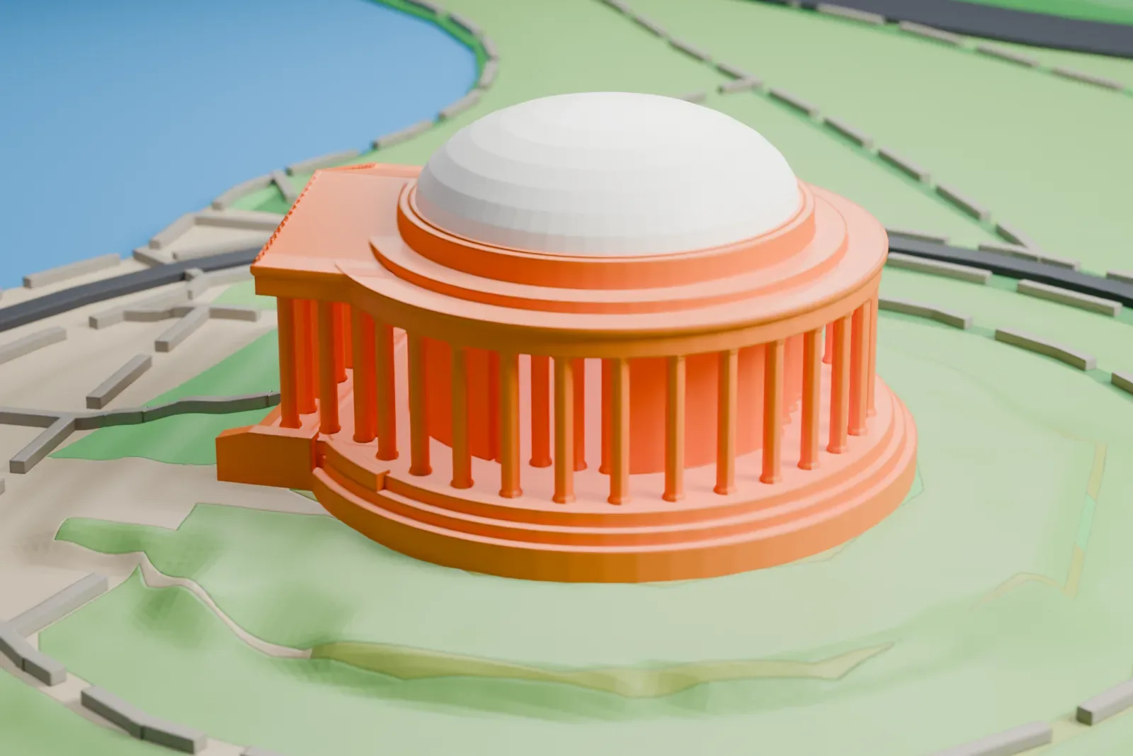A white 3D print of the Jefferson Memorial, a round domed building ringed by slender columns with a pedimented porch and steps on one side, standing on a lawn circled by a road and paths.