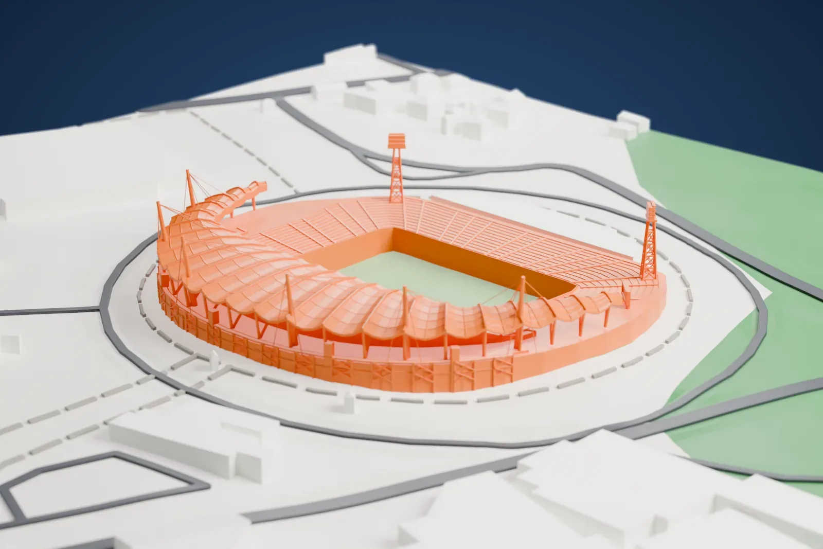 A white 3D print of Jeju World Cup Stadium, its west stand and both ends covered by a cambered crescent roof with raking masts along its edge, among the surrounding streets and buildings.
