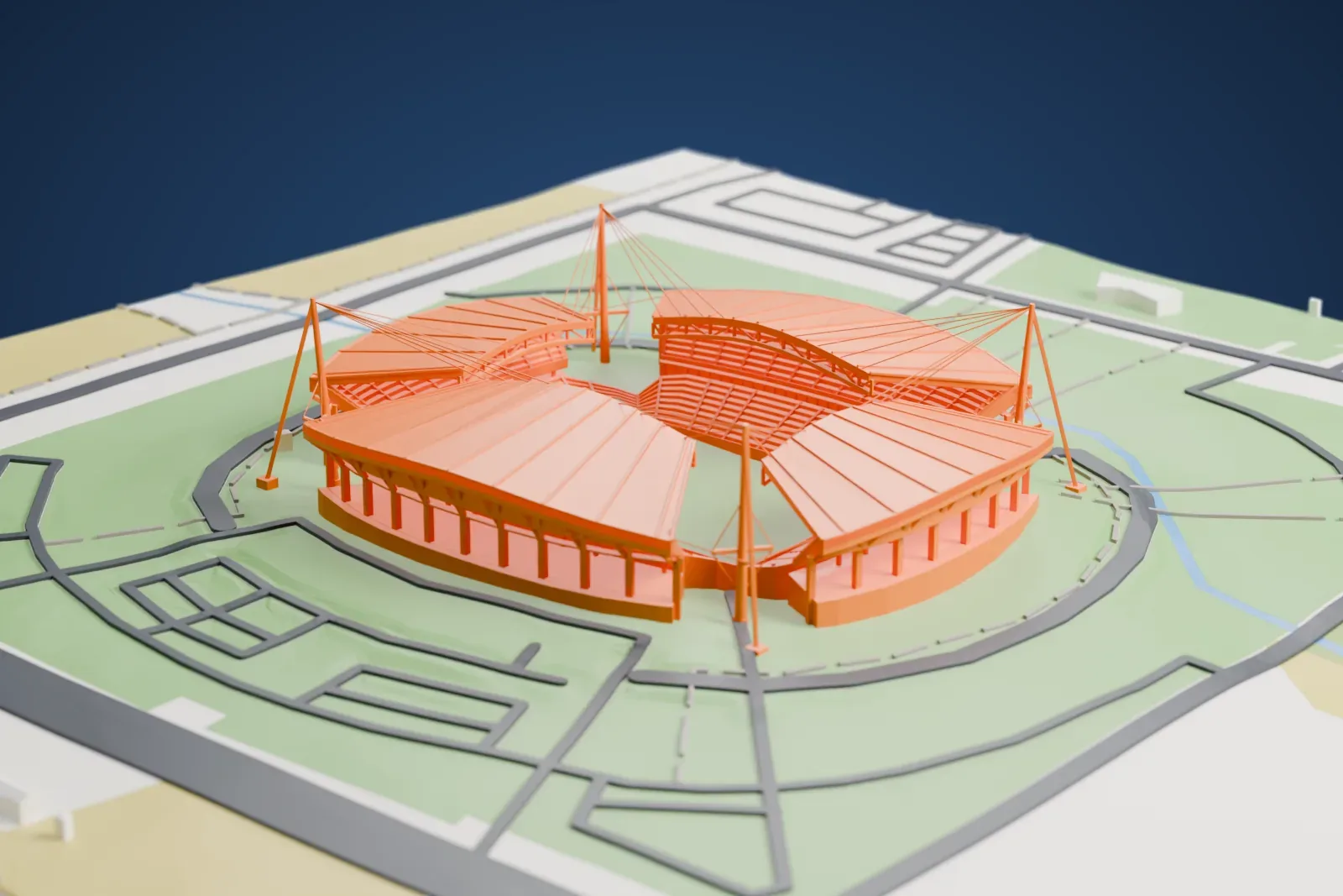 A white 3D print of Jeonju World Cup Stadium, four separate roofs with arched edges above two tiers of seats, a tall leaning mast in each open corner, among the surrounding streets and buildings.