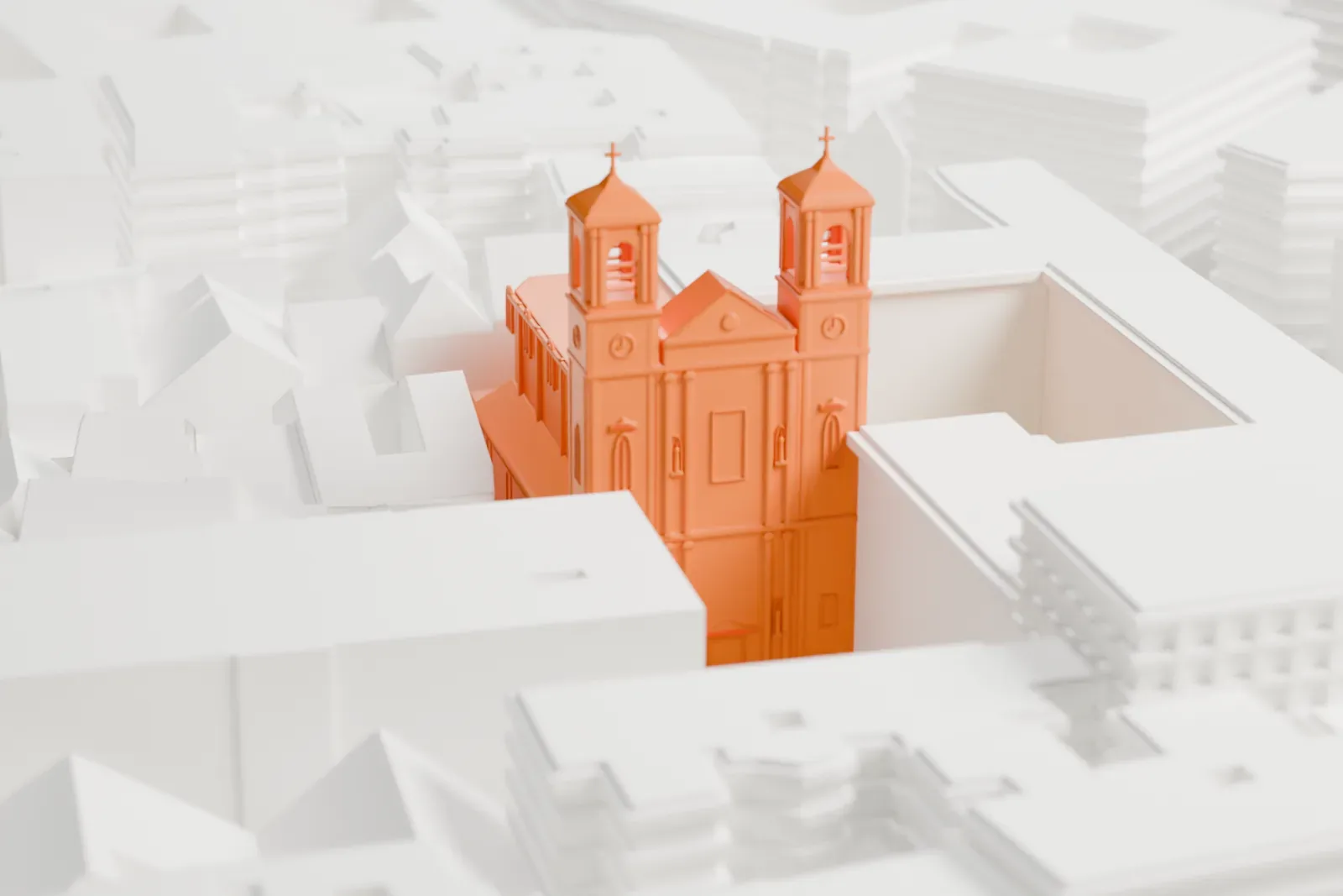 A white 3D print of the Jesuit Church with the surrounding streets and buildings of Vienna.