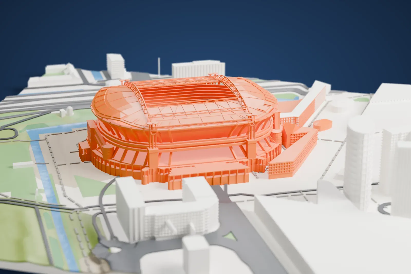 A white 3D print of the Johan Cruyff Arena, an oval stadium with arched roof trusses, beside a canal and green fields with large buildings nearby.