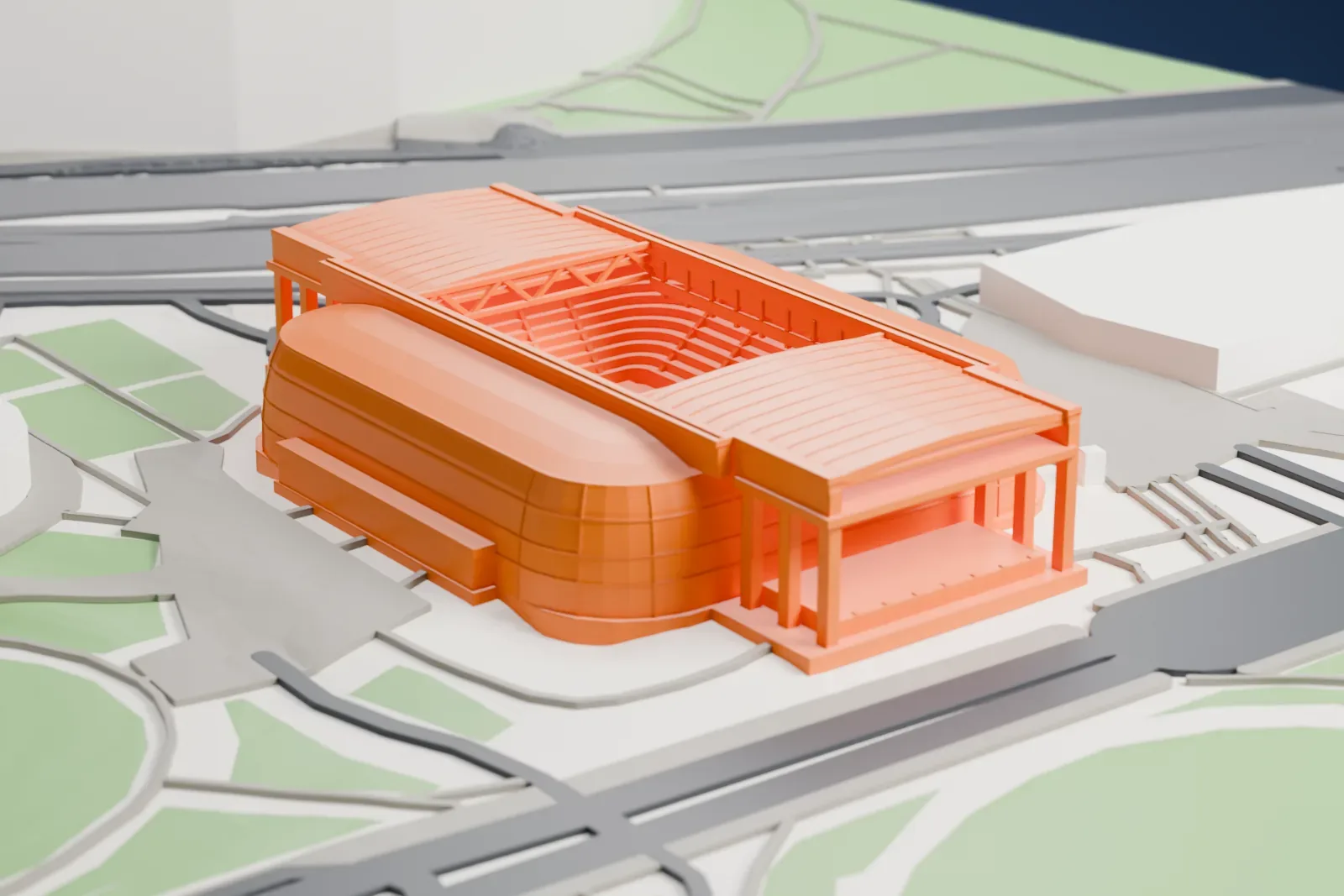 A white 3D print of John Cain Arena, a wide arena building among the surrounding grounds and buildings of Melbourne Park.