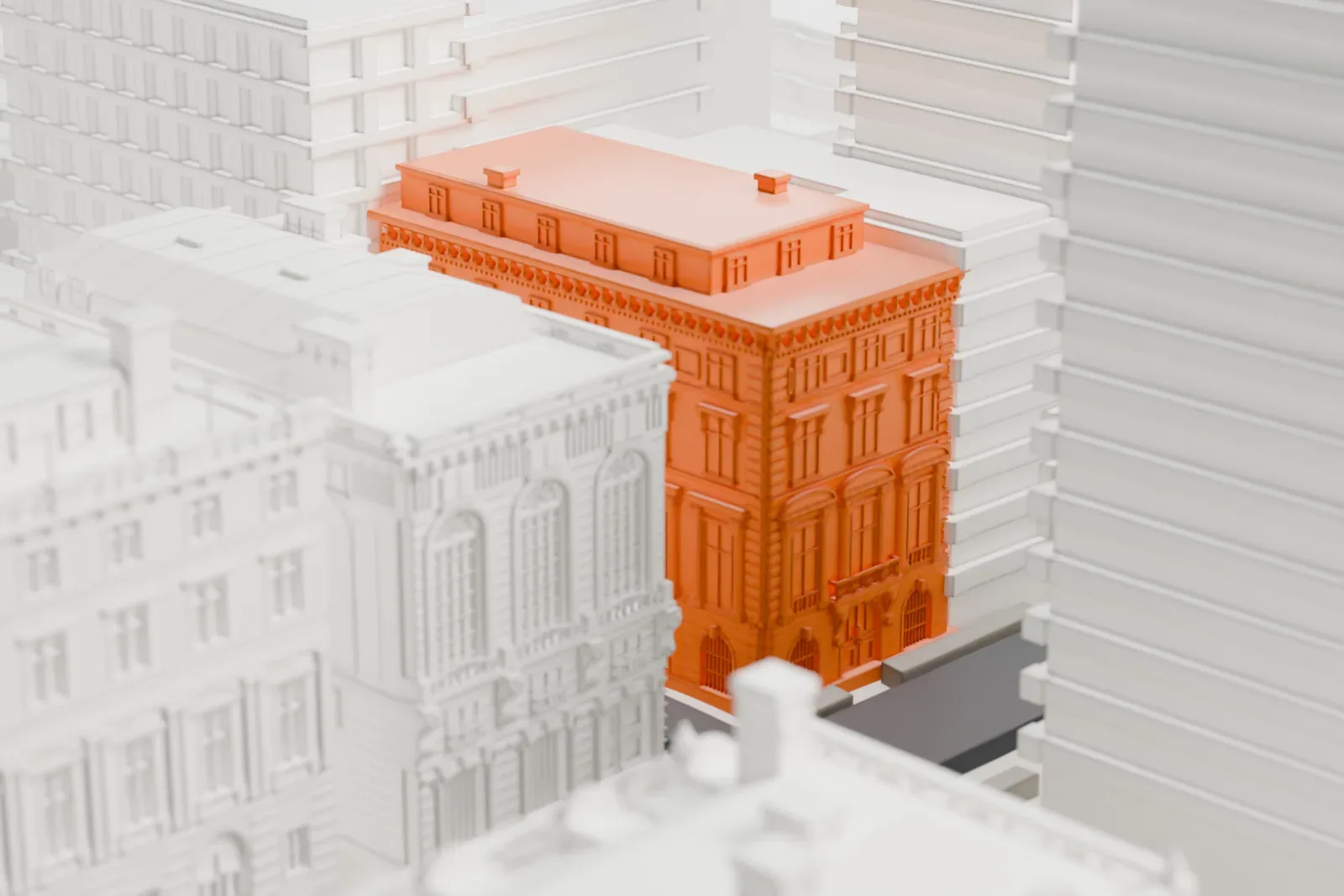 A white 3D print of the John Henry Hammond House, a five-story mansion with an ornamented cornice and arched windows, squeezed between much taller buildings and a neighboring mansion.