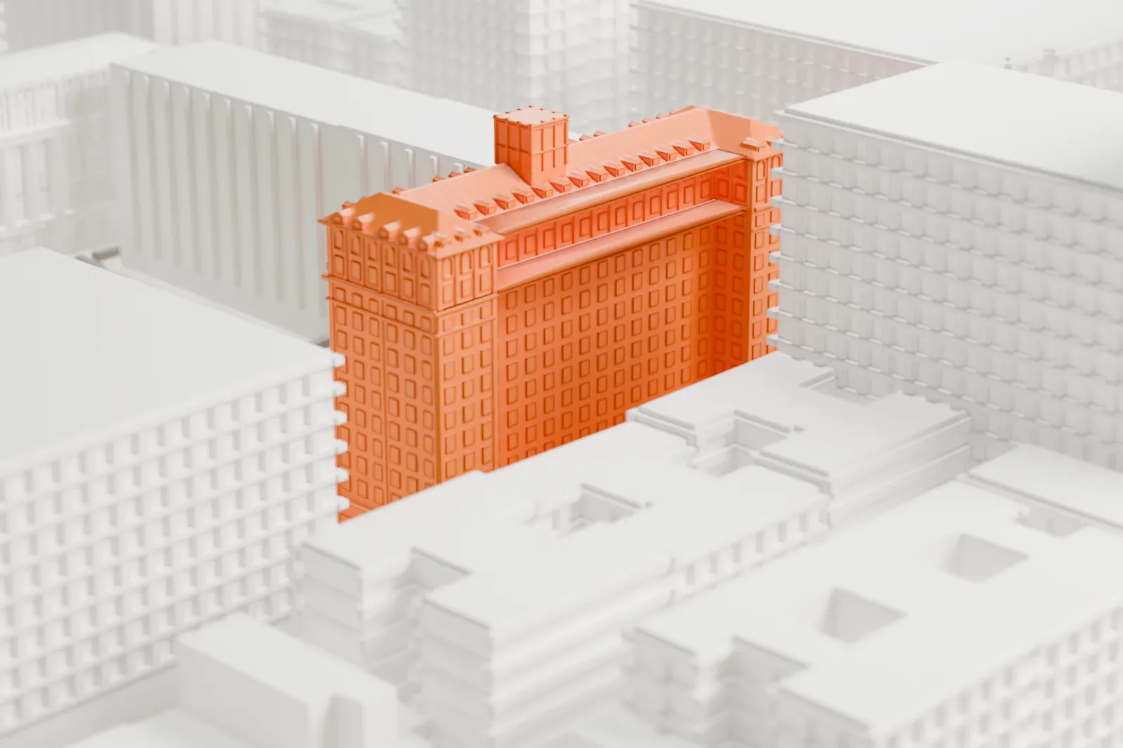 A white 3D print of John Jay Hall, a long tall block with a sloped roof and small dormers, set among taller and lower buildings with a green lawn nearby.