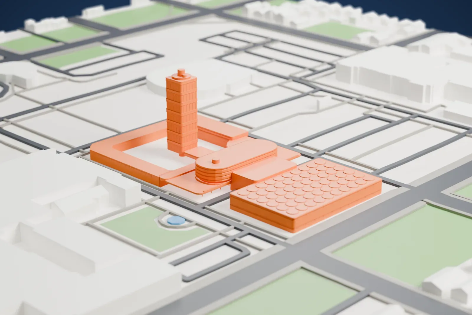 A white 3D print of the Johnson Wax Headquarters, with its tall Research Tower beside the low Administration Building and surrounding streets and buildings.