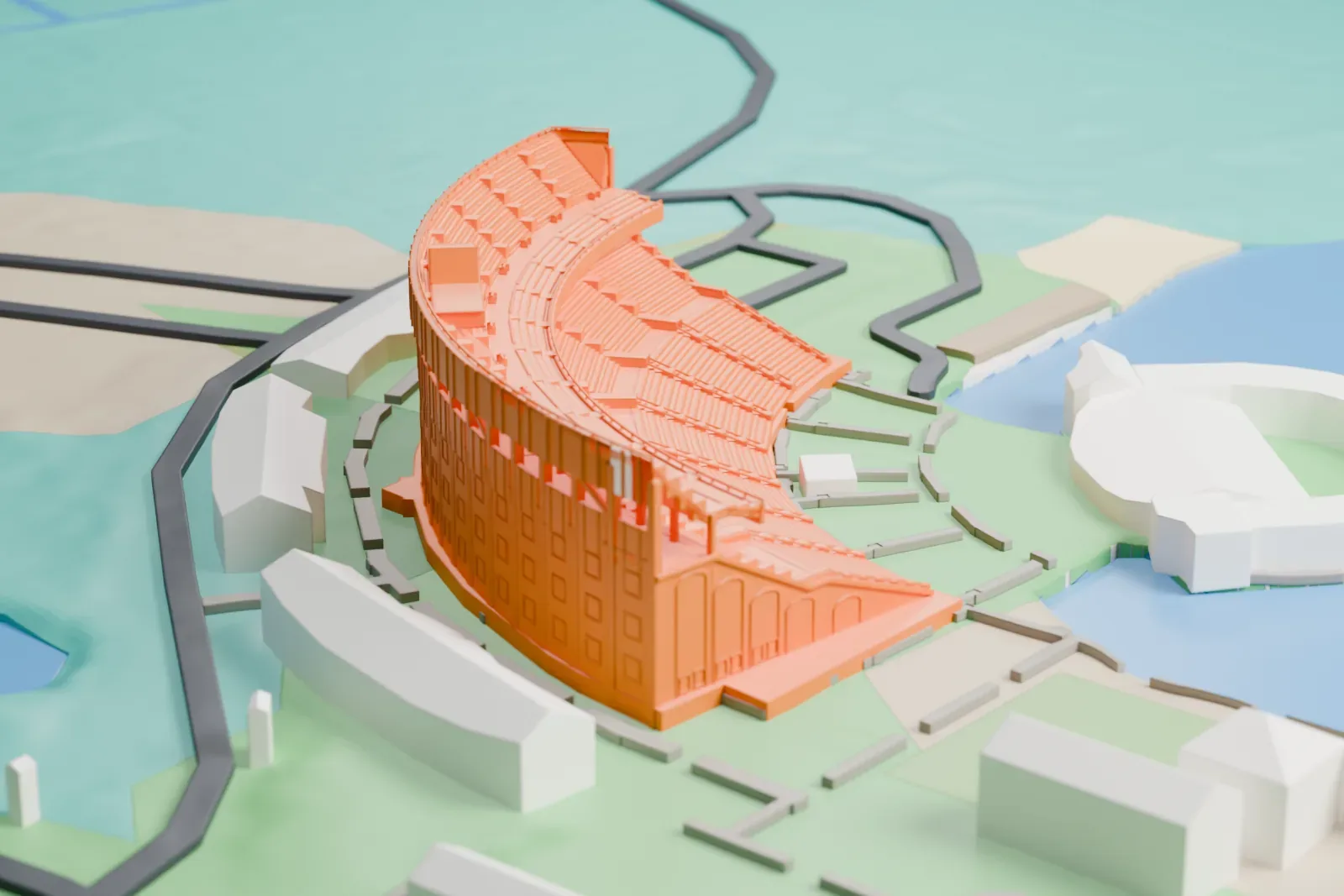A white 3D print of Jones Beach Theater, a curved grandstand beside a bay with a round gray building at the water's edge and curved roads on the land behind.