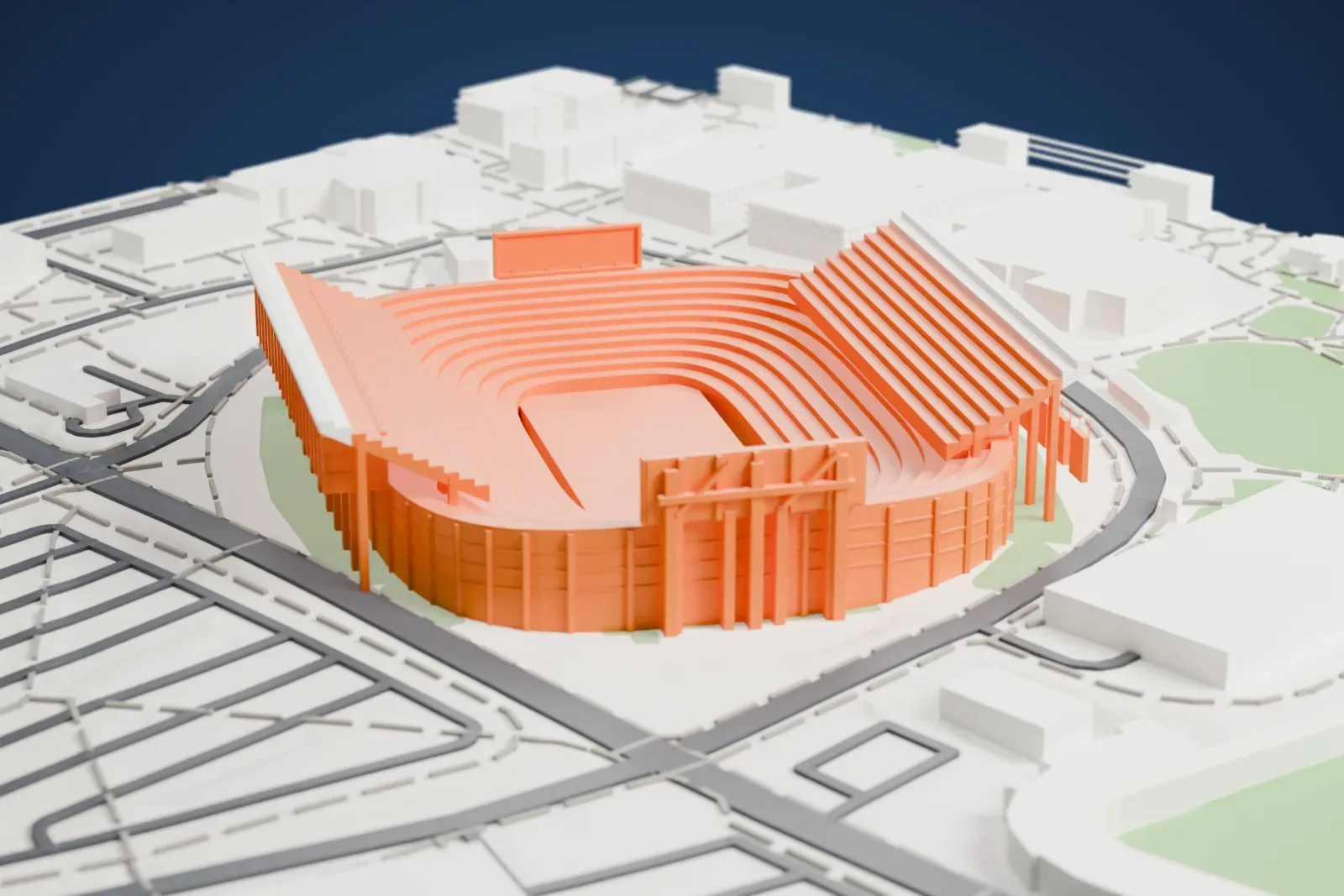 A white 3D print of Jordan–Hare Stadium, a bowl-shaped stadium with long stepped stands and a ring of slim outer columns, surrounded by buildings, roads and green lawns.