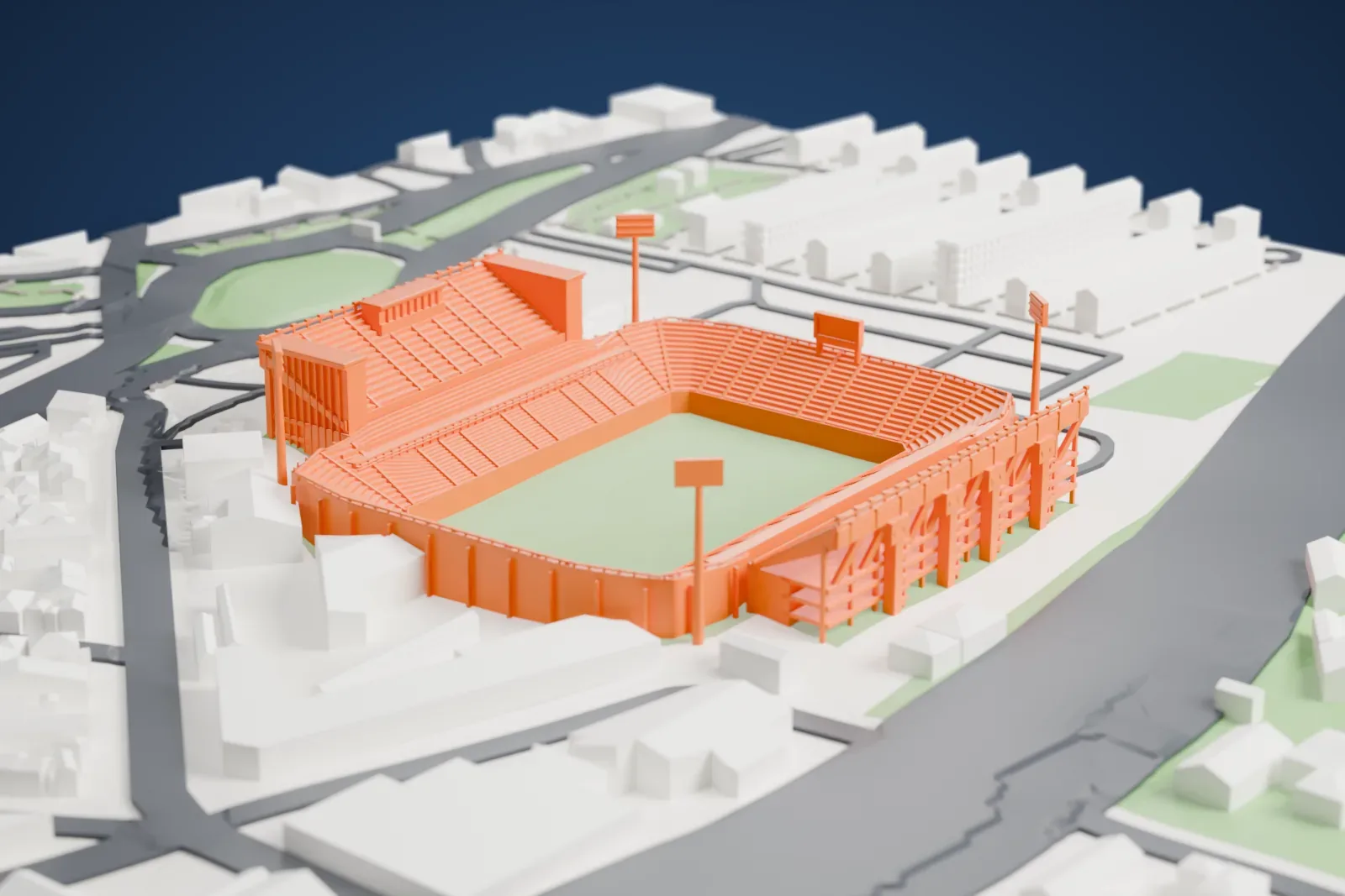 A white 3D print of the José Amalfitani Stadium, an open concrete bowl with rounded corners, raised upper tiers on two sides and a floodlight mast behind each corner, among the surrounding streets and buildings.