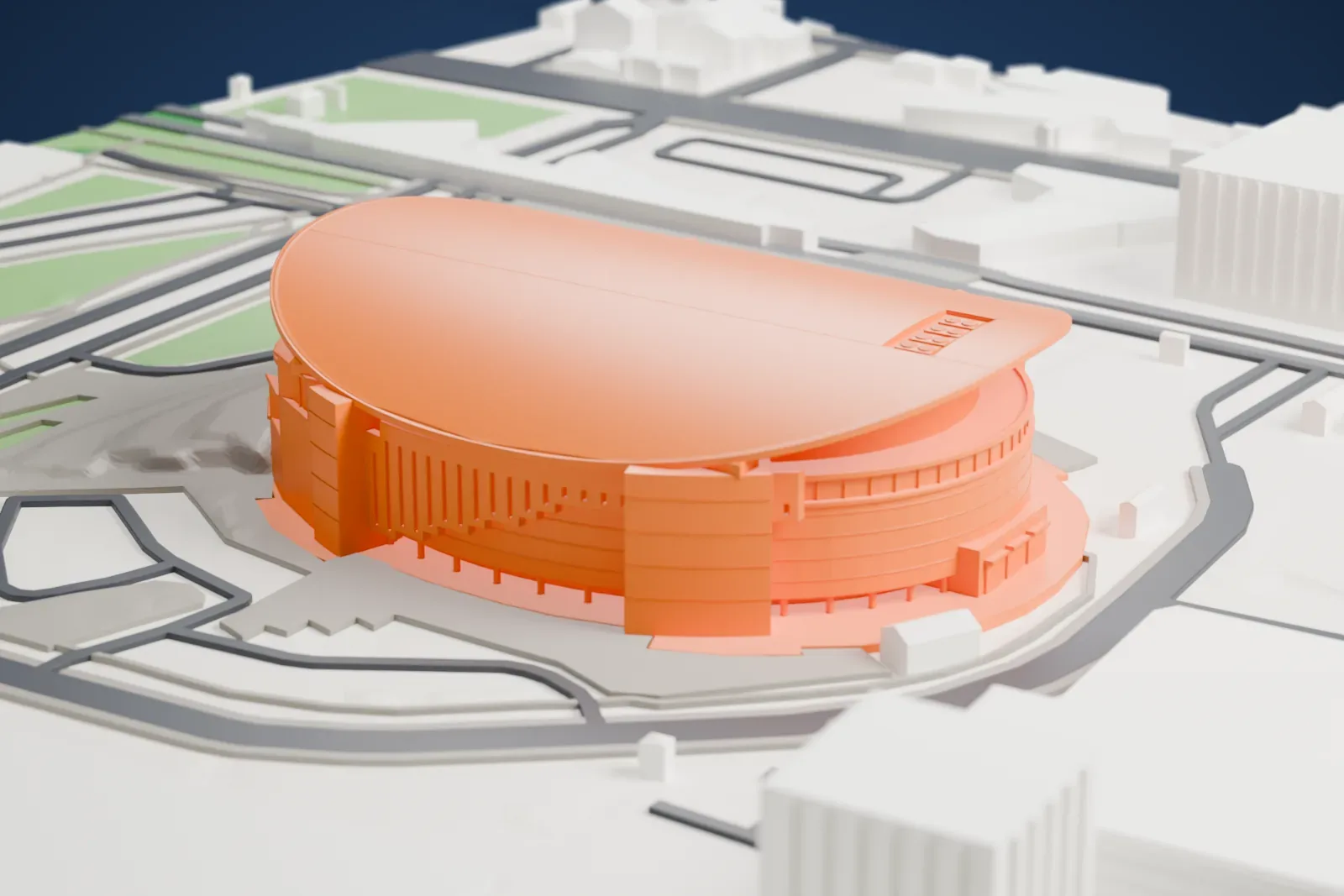 A white 3D print of the José Miguel Agrelot Coliseum, with its wide curved roof and projecting glass lobby, among surrounding city buildings.