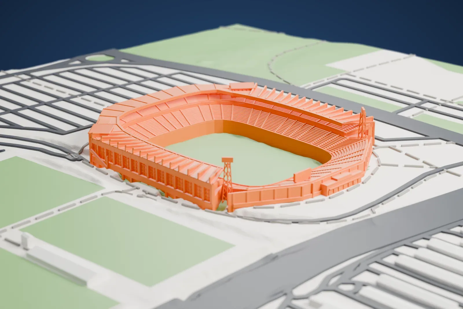 A white 3D print of José Zorrilla Stadium, a two-tier bowl under a roofed horseshoe that opens at the south end, among streets and buildings.