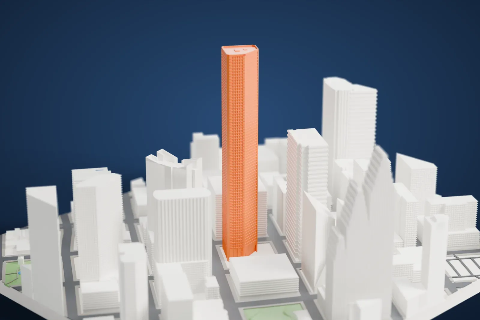 A white 3D print of the JPMorgan Chase Tower, a five-sided skyscraper standing among the streets and buildings of downtown Houston.