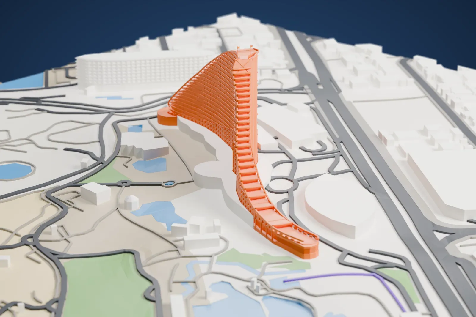 A white 3D print of the Jumeirah Beach Hotel, a wave-shaped tower with stepped roof terraces, on its beachfront site in Dubai.
