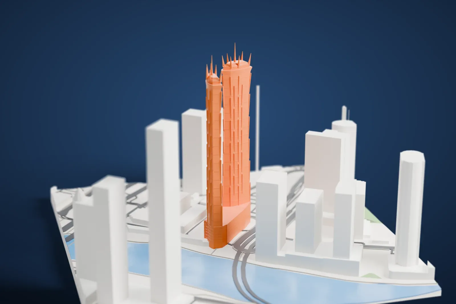 A white 3D print of the JW Marriott Marquis Dubai, twin towers on a shared podium, among the surrounding city buildings.